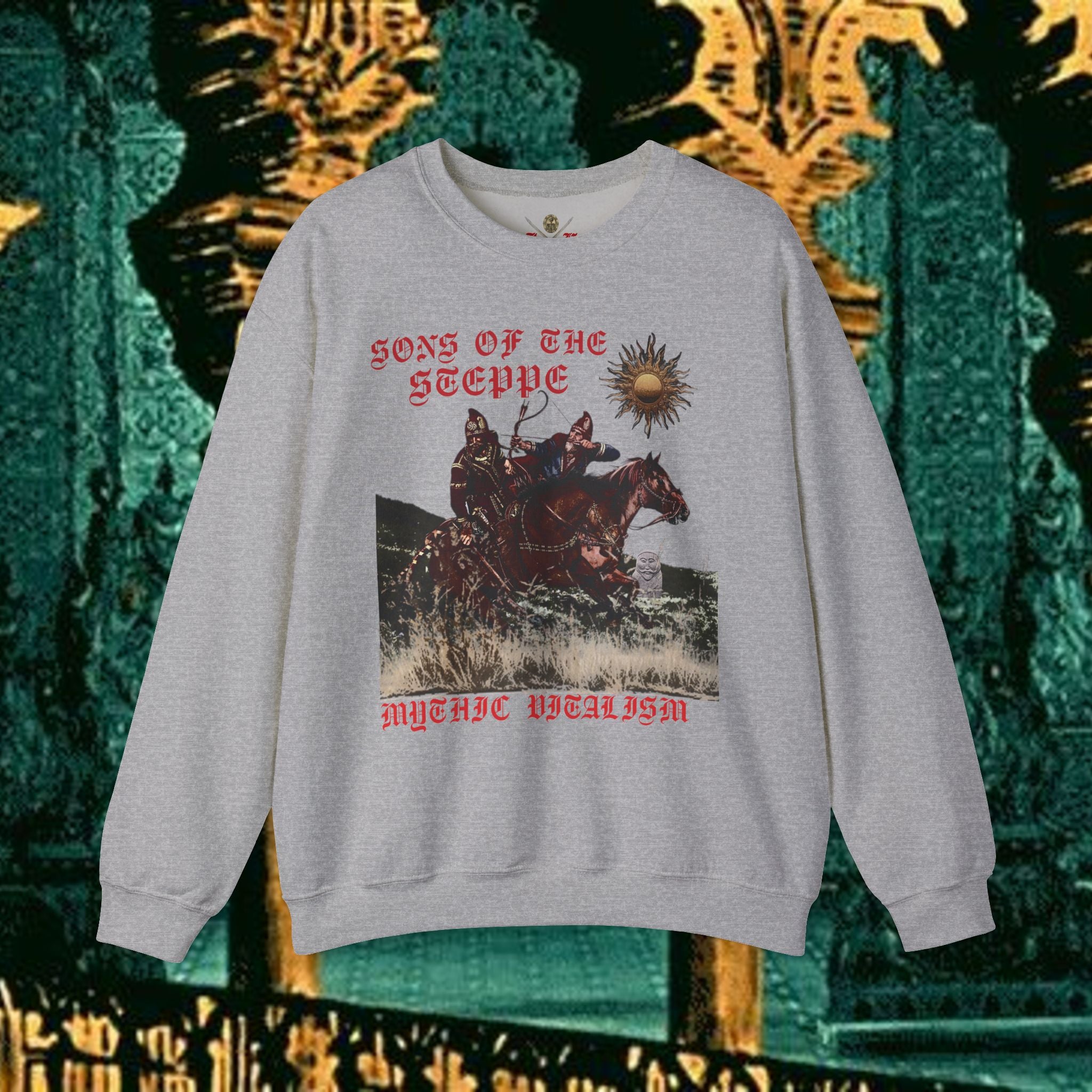 Sons of the Steppe Graphic Sweatshirt — Mythic Warrior Horsemen Crewneck