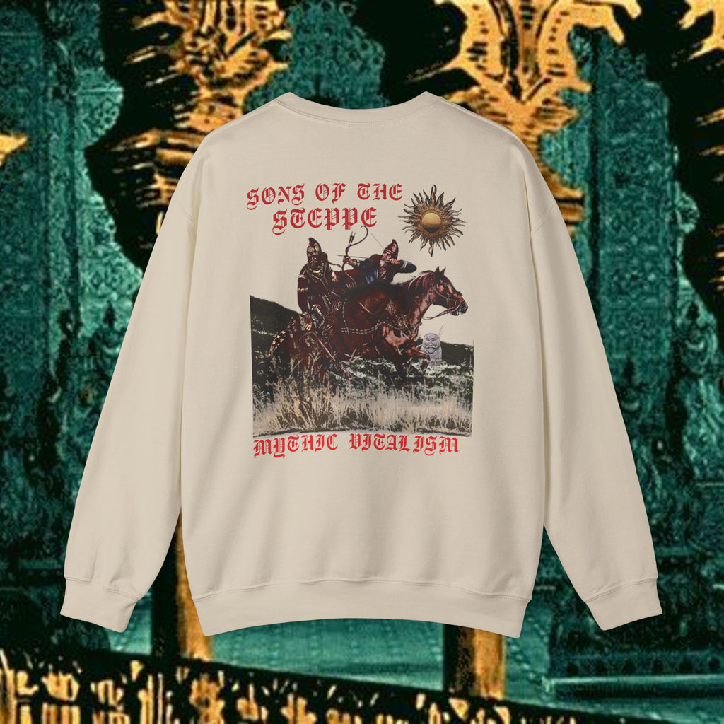 Sons of the Steppe Crewneck Sweatshirt — Mythic Warrior Horseback Graphic Back Version