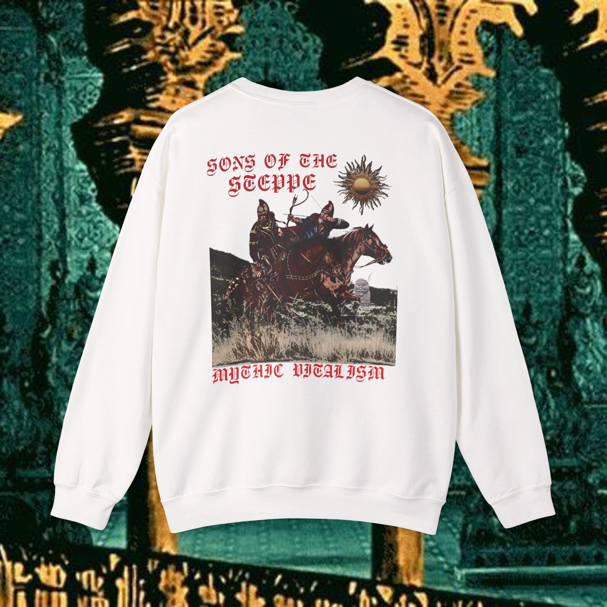 Sons of the Steppe Crewneck Sweatshirt — Mythic Warrior Horseback Graphic Back Version