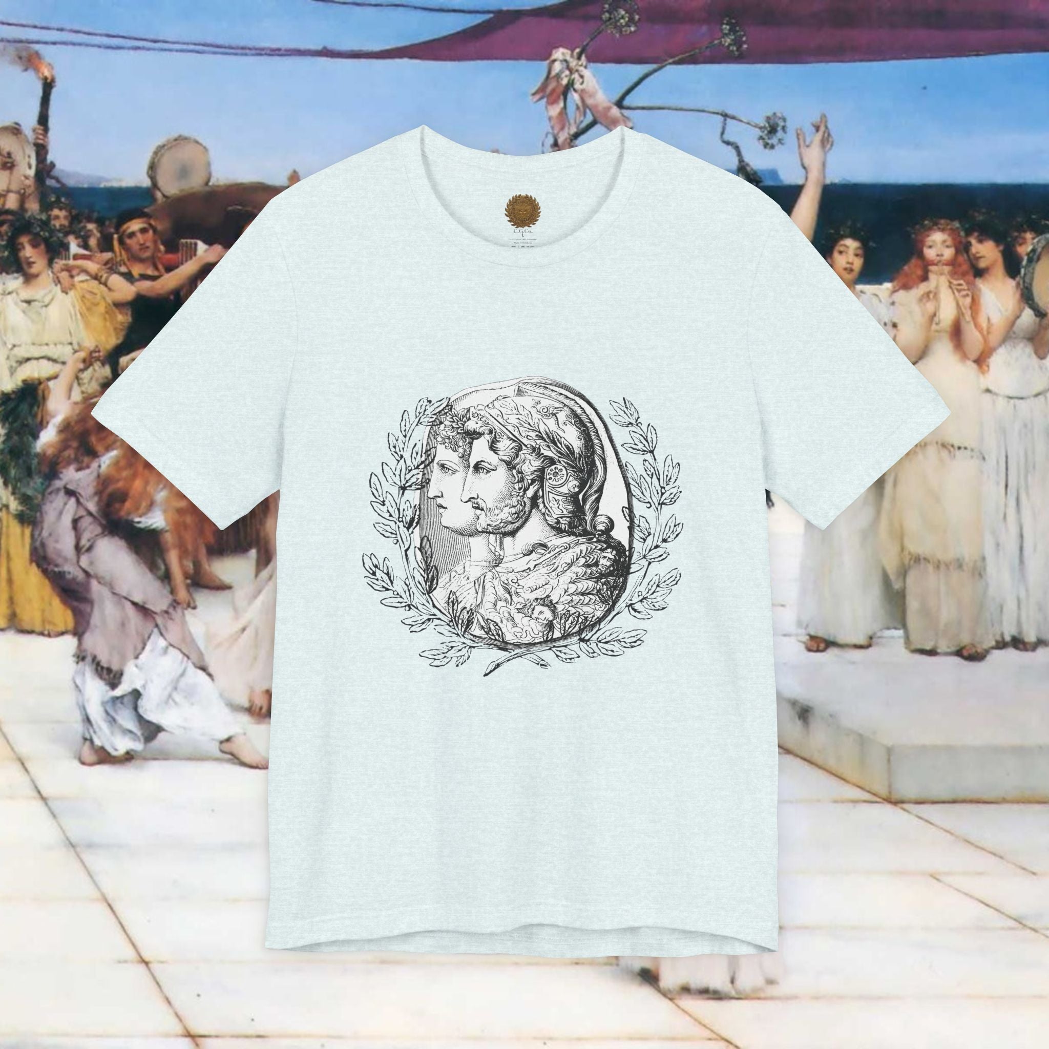 Roman Warrior Cameo Graphic T-Shirt – Plumed Helmet Portrait in Engraved Medallion Style | Ancient History Gift
