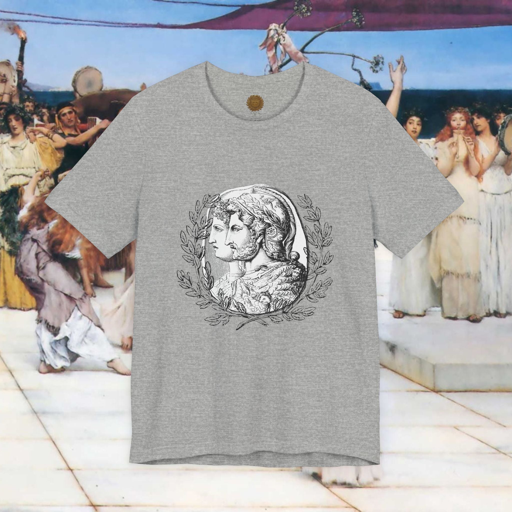 Roman Warrior Cameo Graphic T-Shirt – Plumed Helmet Portrait in Engraved Medallion Style | Ancient History Gift