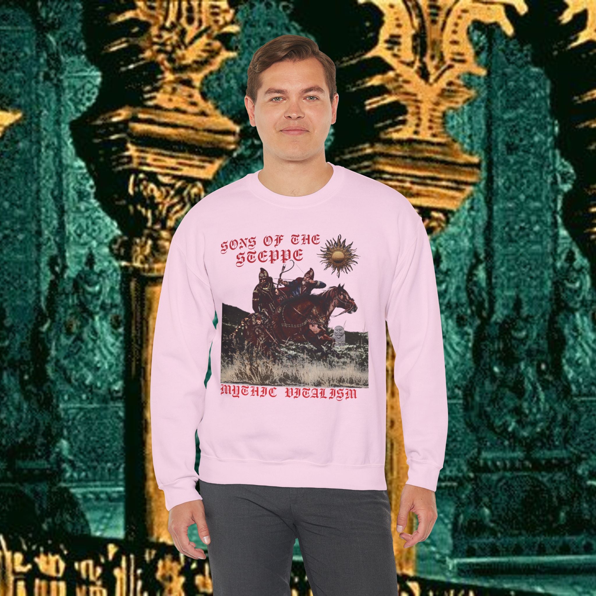 Sons of the Steppe Graphic Sweatshirt — Mythic Warrior Horsemen Crewneck