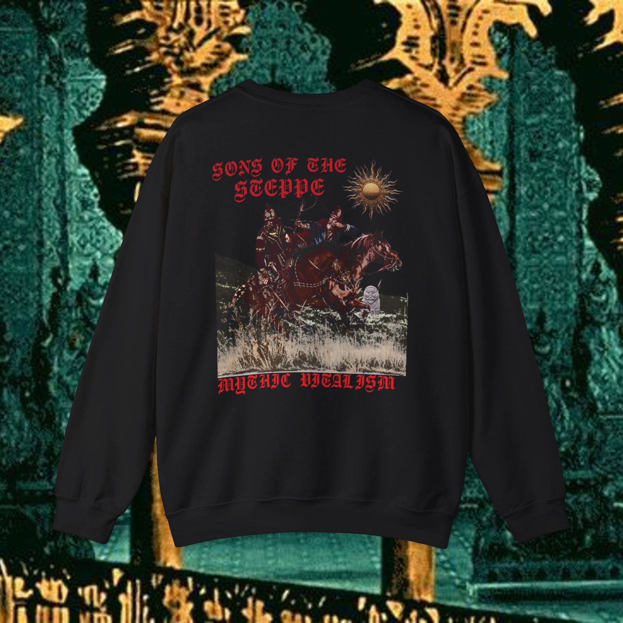 Sons of the Steppe Crewneck Sweatshirt — Mythic Warrior Horseback Graphic Back Version