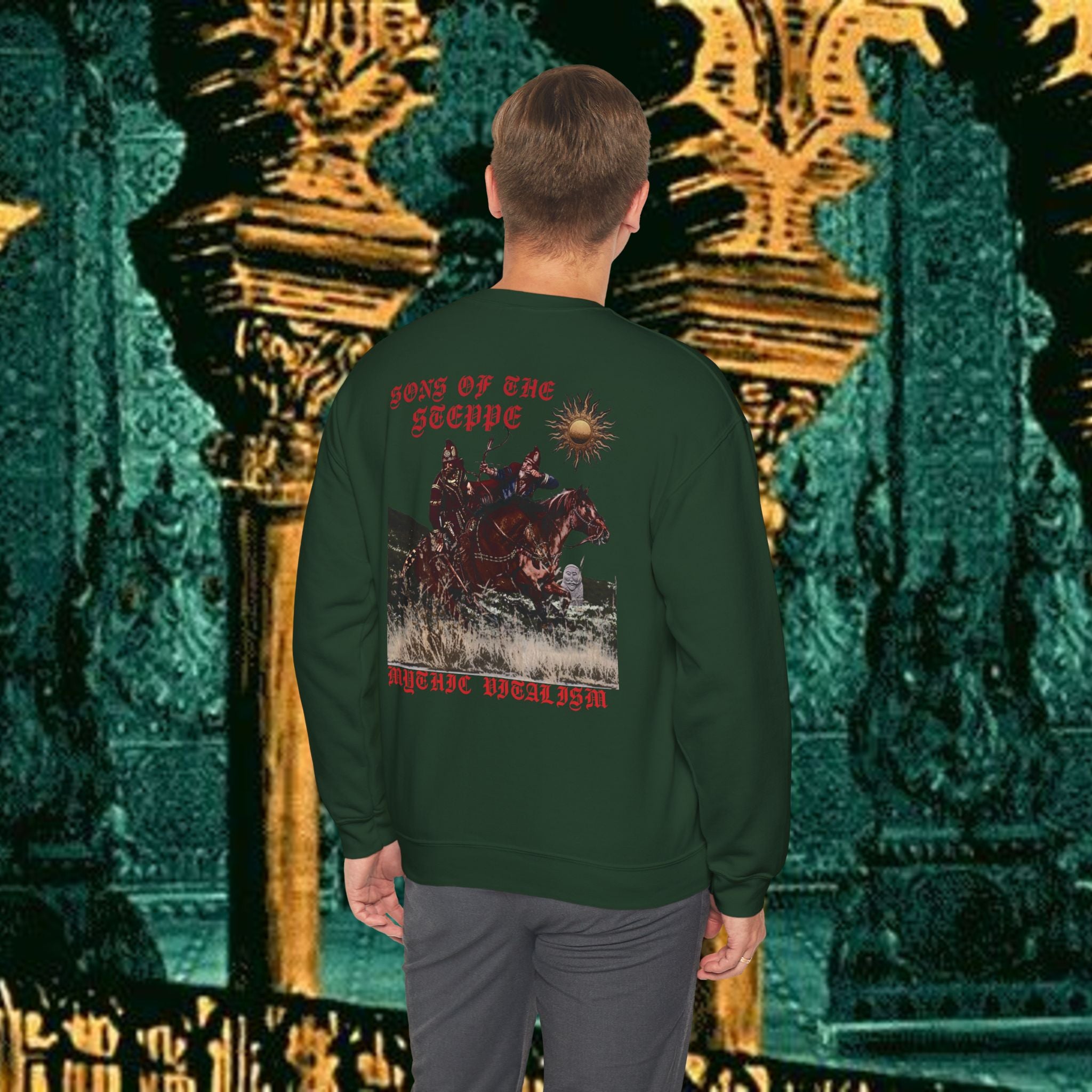 Sons of the Steppe Crewneck Sweatshirt — Mythic Warrior Horseback Graphic Back Version