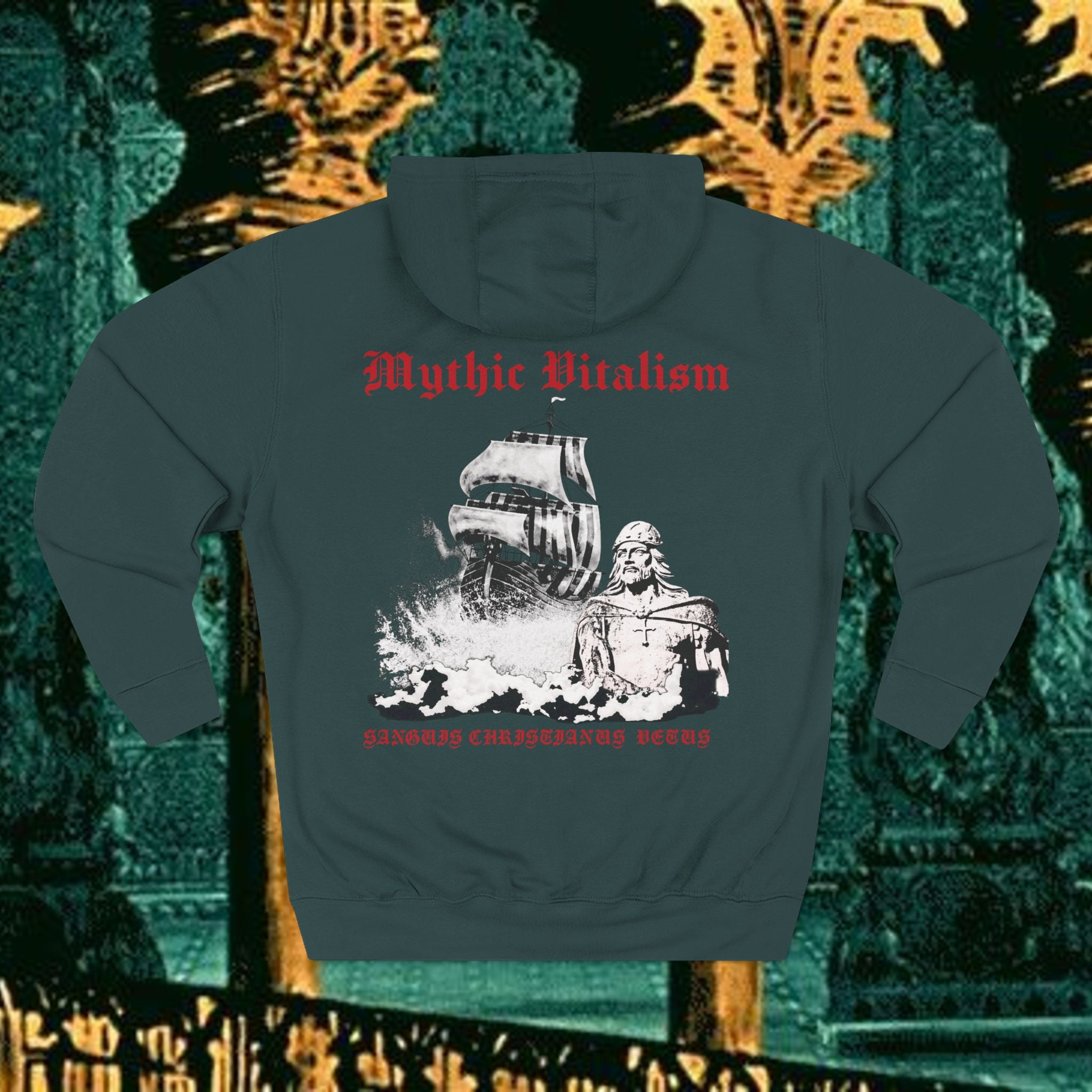 Mythic Vitalism, Sanguis Christianus Vetus Exploration and Adventure Inspired Graphic Fleece Hoodie back version