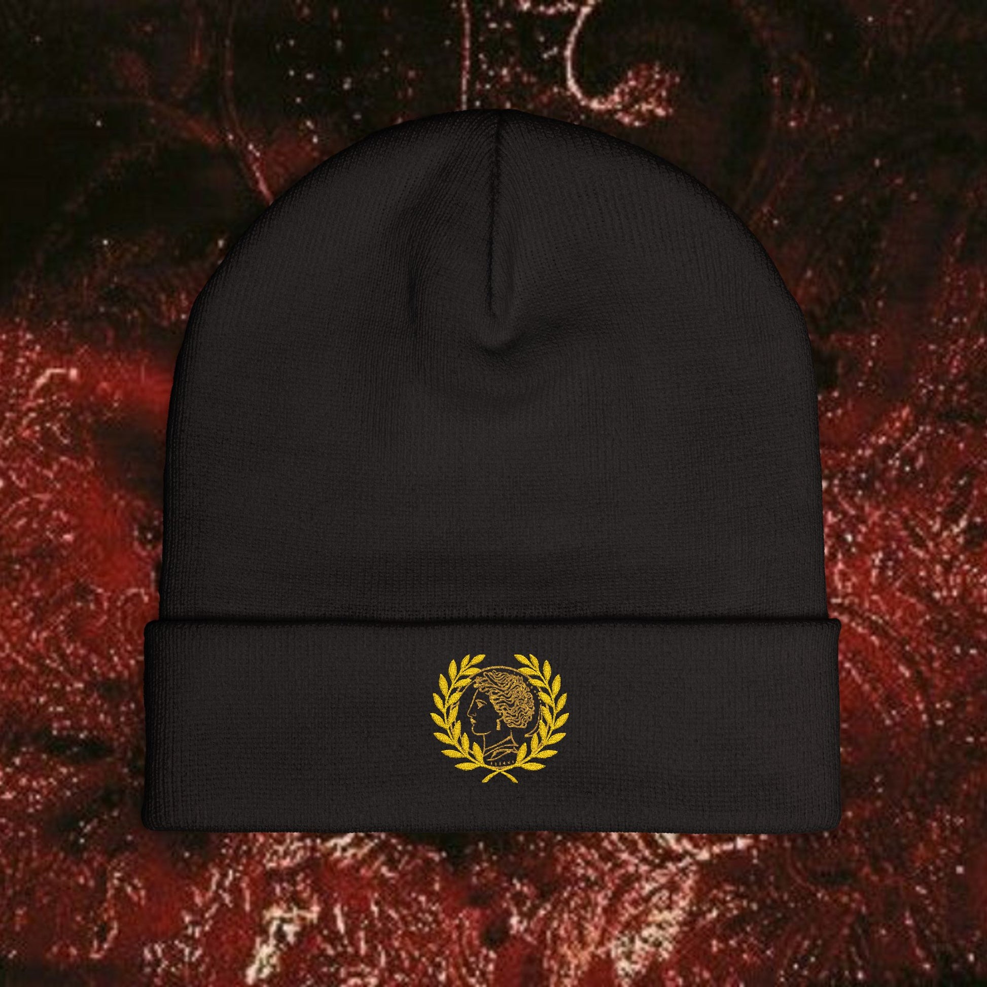 Embroidered Knit Beanie with Golden Laurel Design, Winter Accessories, Gift for Her, Stylish Beanie, Cool Weather Hat, Casual Fashion