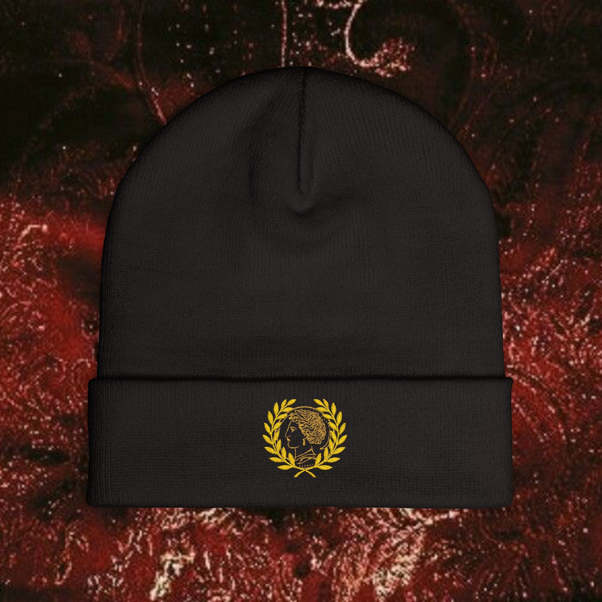 Golden Laurel Embroidered Knit Beanie - Ancient Greek Inspired Winter Hat