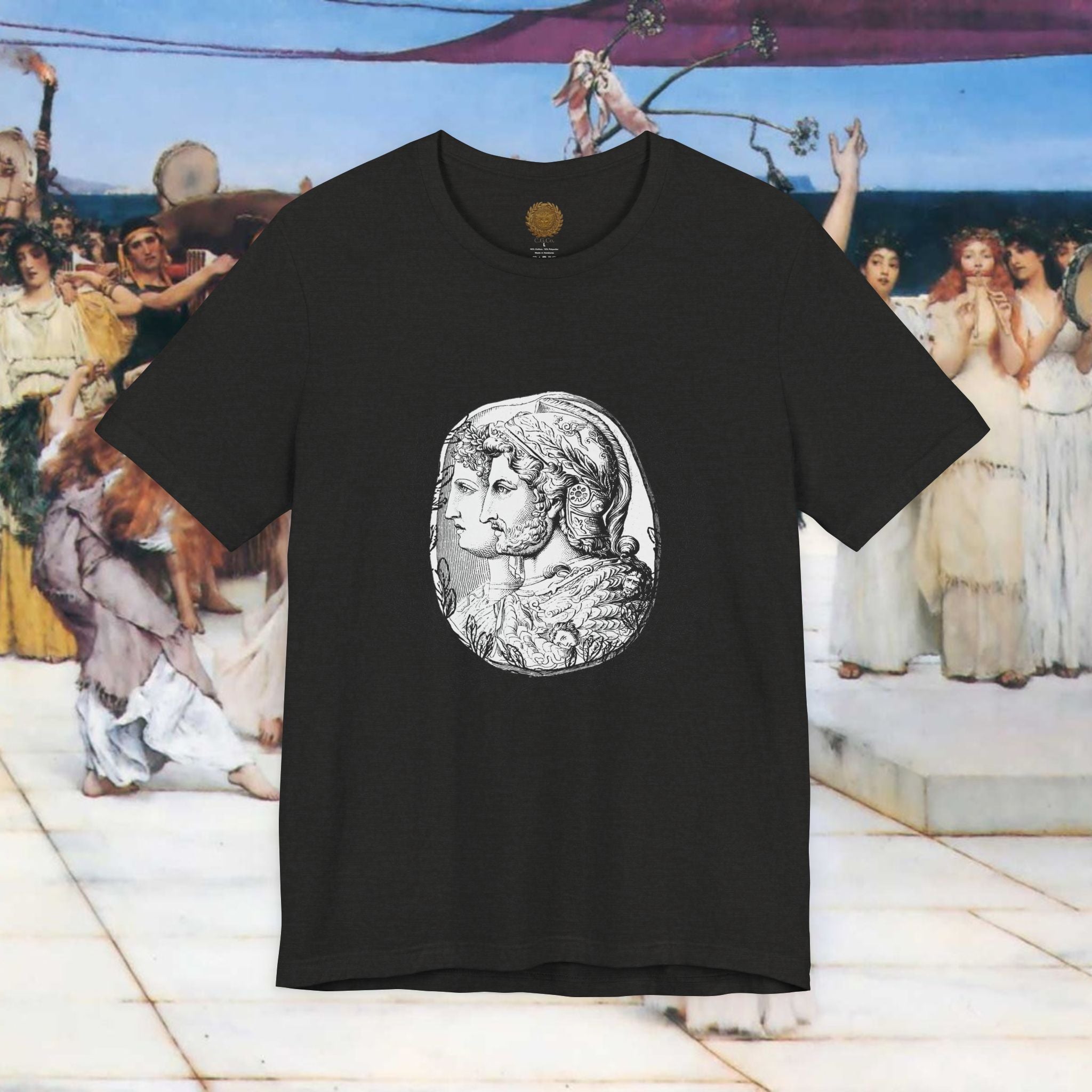 Roman Warrior Cameo Graphic T-Shirt – Plumed Helmet Portrait in Engraved Medallion Style | Ancient History Gift