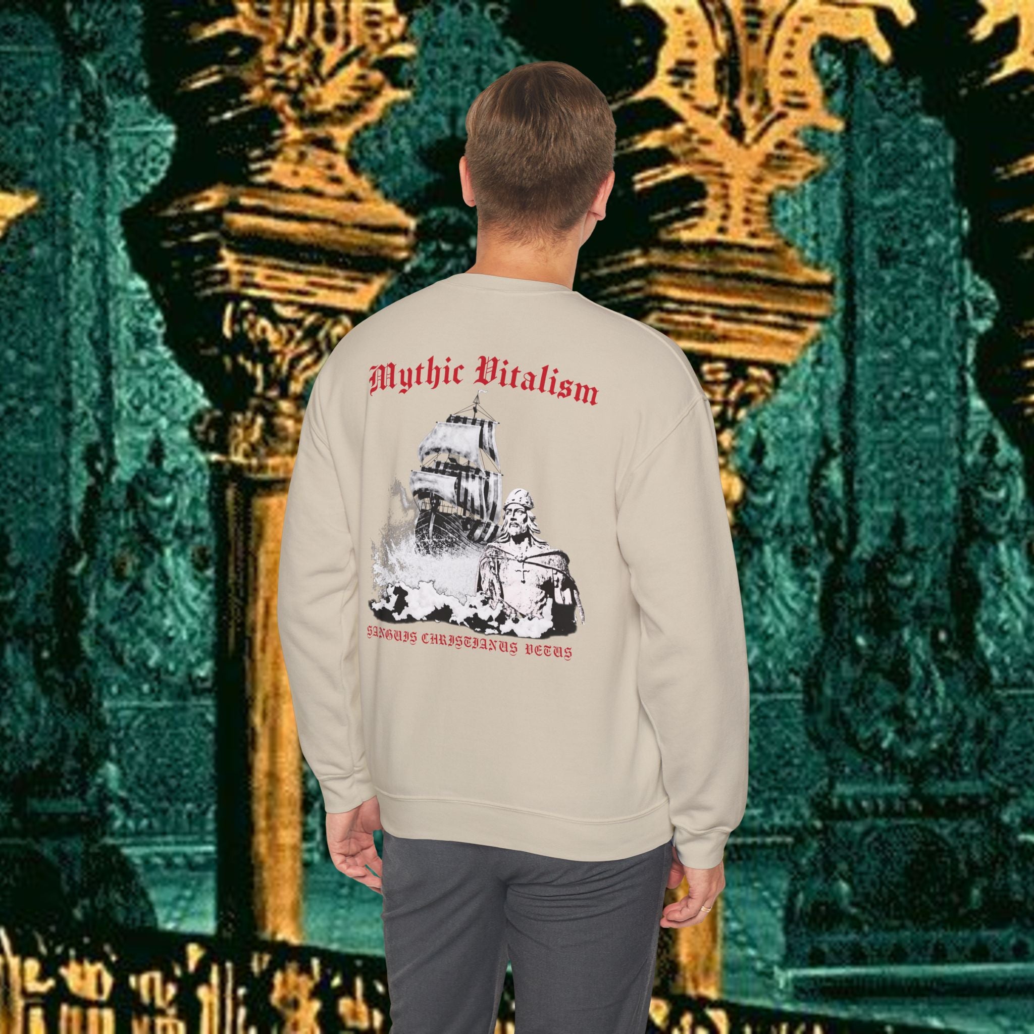 Mythic Vitalism, Sanguis Christianus Vetus Exploration and Adventure Inspired Crewneck Sweatshirt – Back Version
