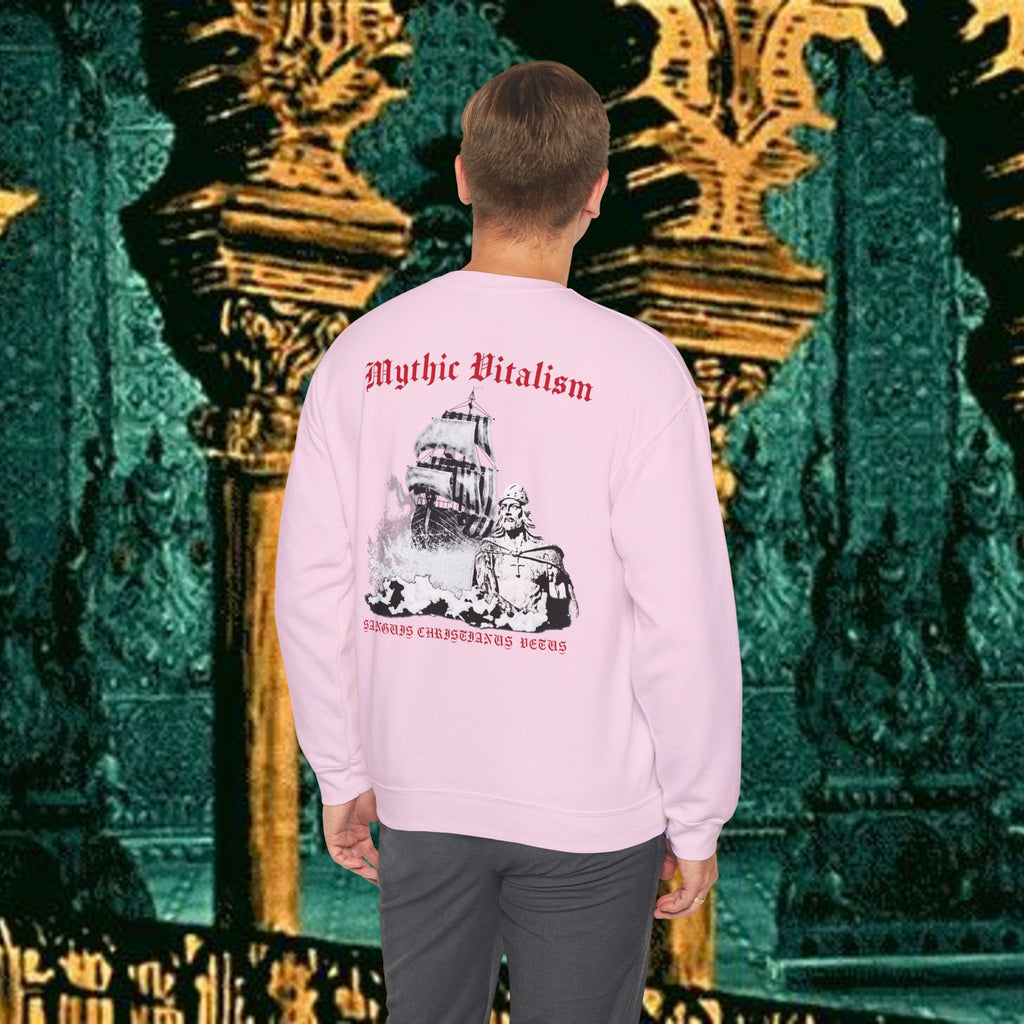 Mythic Vitalism, Sanguis Christianus Vetus Exploration and Adventure Inspired Crewneck Sweatshirt – Back Version