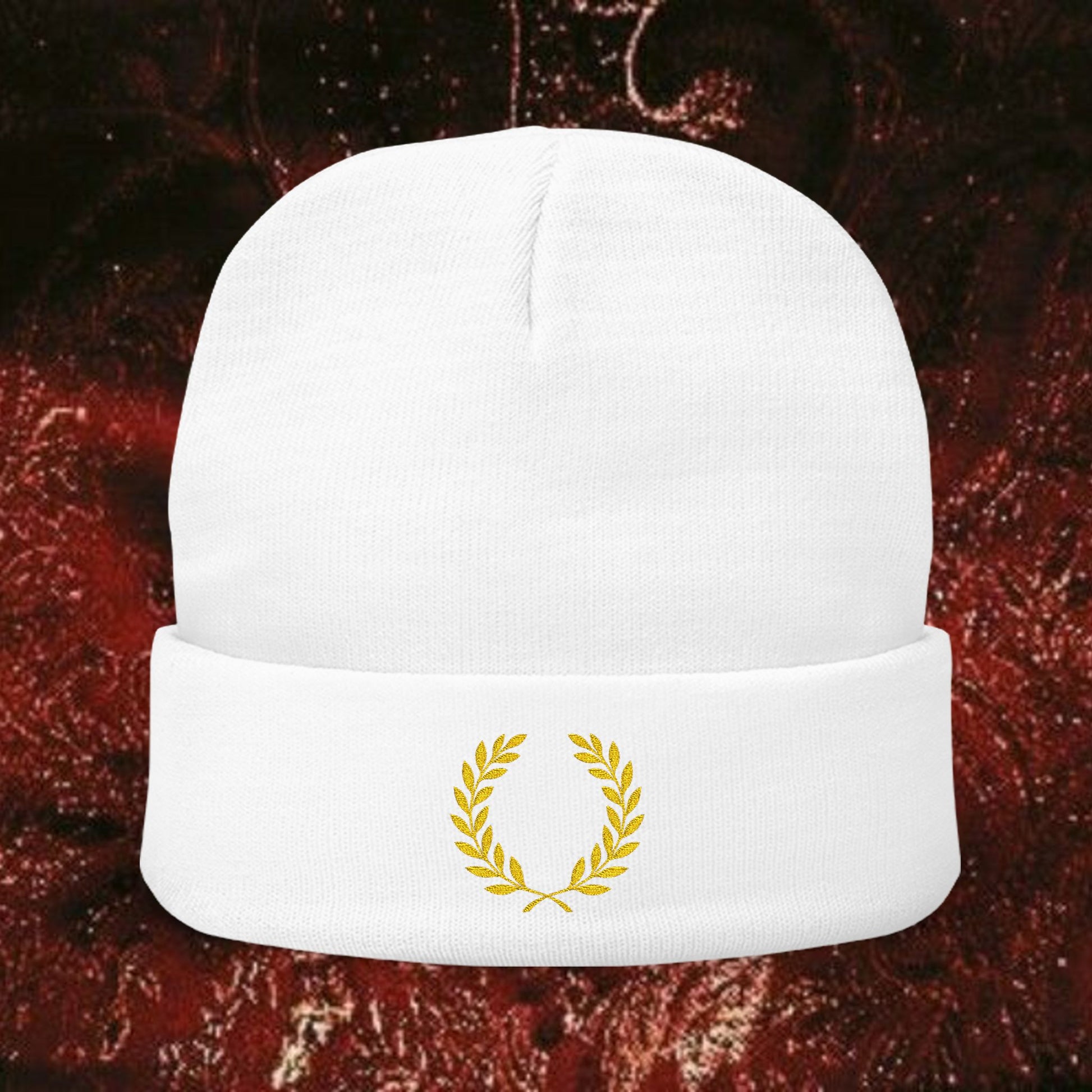 Gold Laurel Knit Beanie with Embroidered Laurel Wreath, Winter Accessory, Cozy Gift for Him/Her, Fall/Winter Fashion, Casual Headwear