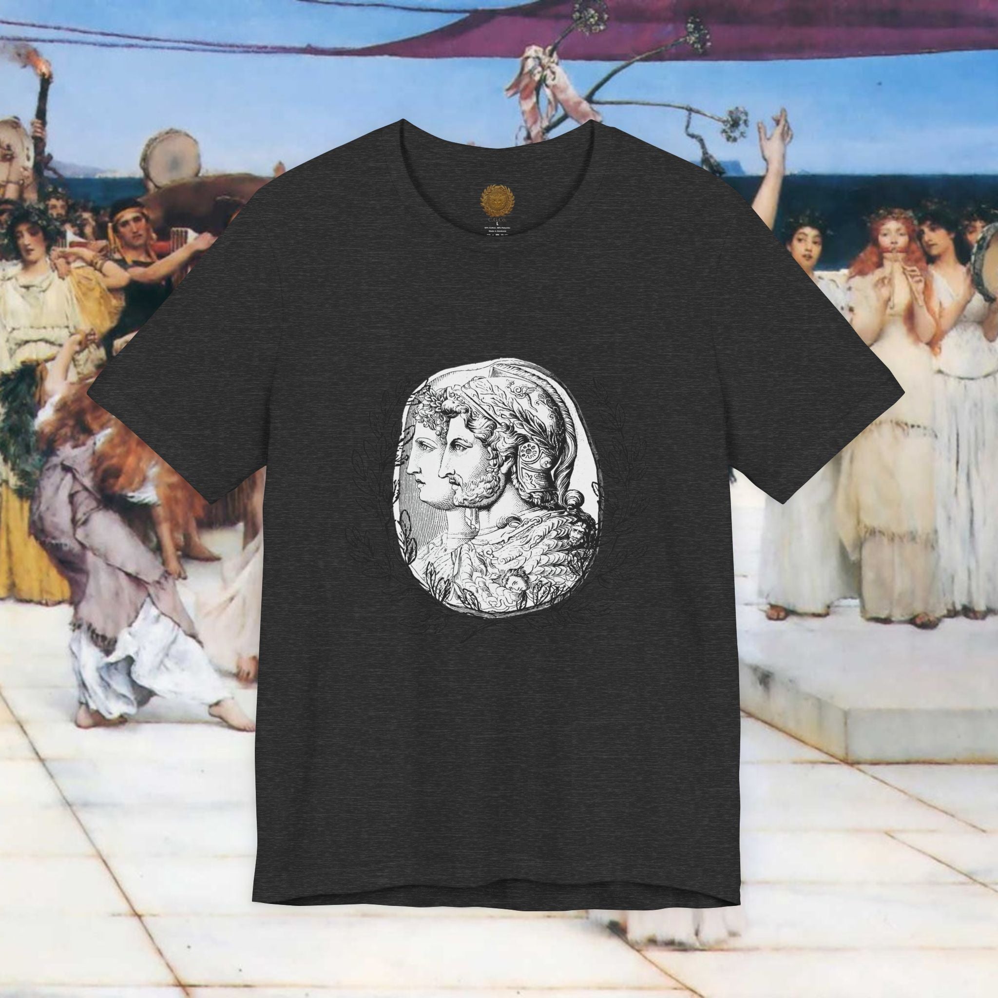 Roman Warrior Cameo Graphic T-Shirt – Plumed Helmet Portrait in Engraved Medallion Style | Ancient History Gift