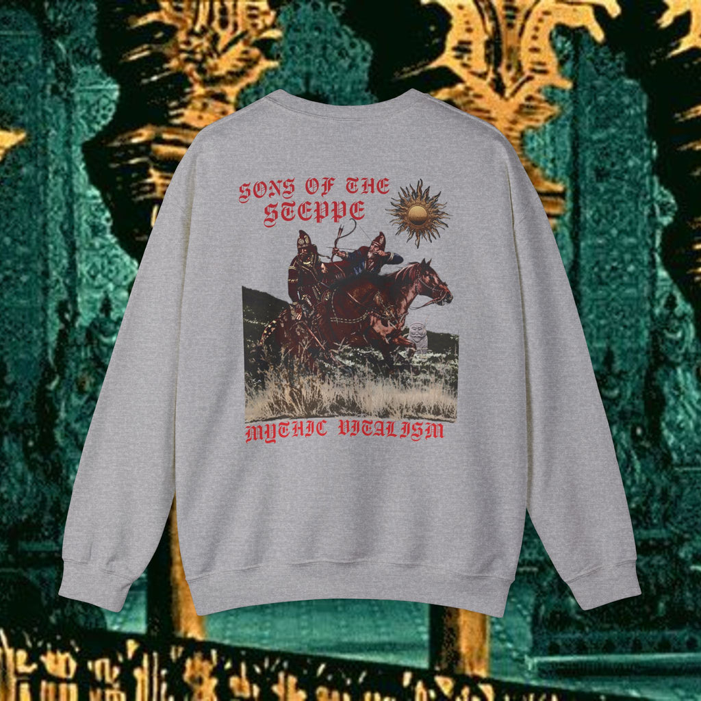 Sons of the Steppe Crewneck Sweatshirt — Mythic Warrior Horseback Graphic Back Version
