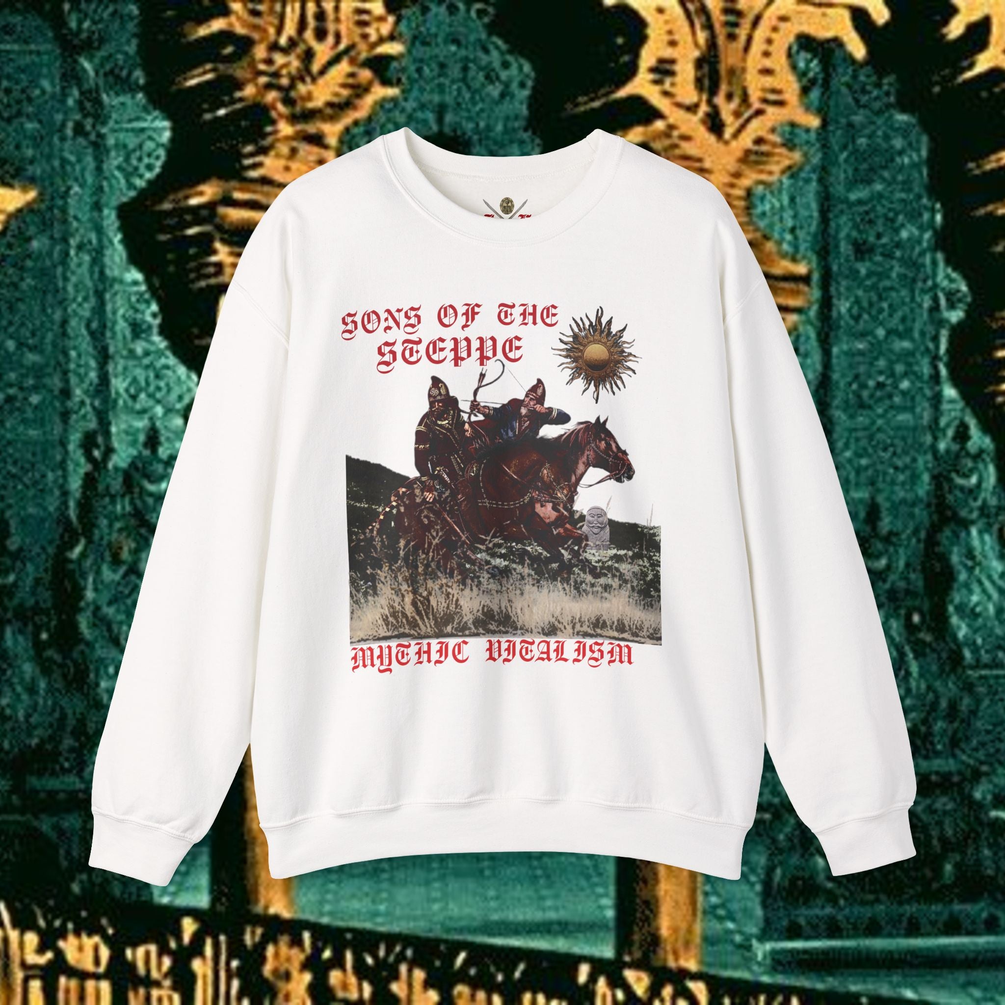 Sons of the Steppe Graphic Sweatshirt — Mythic Warrior Horsemen Crewneck