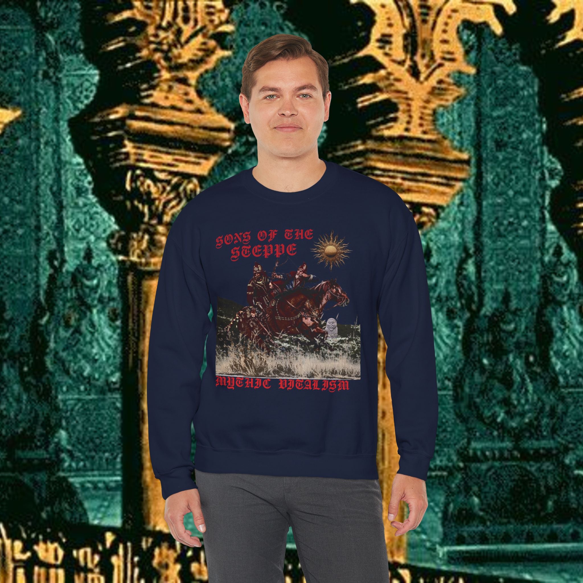 Sons of the Steppe Graphic Sweatshirt — Mythic Warrior Horsemen Crewneck