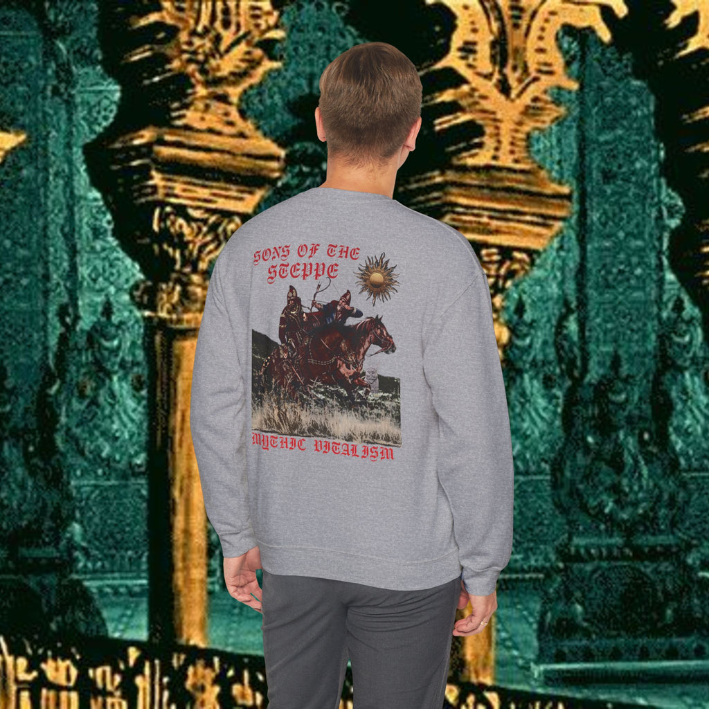 Sons of the Steppe Crewneck Sweatshirt — Mythic Warrior Horseback Graphic Back Version