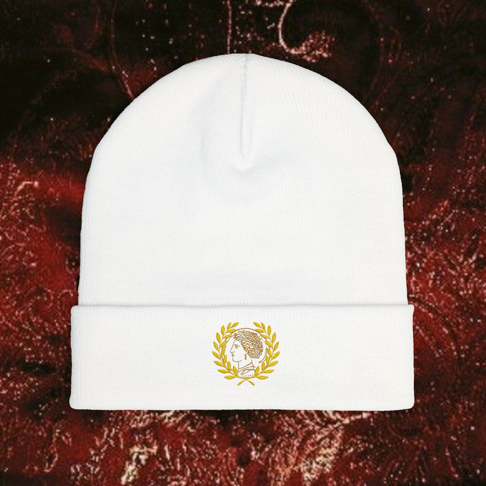 Embroidered Knit Beanie with Golden Laurel Design, Winter Accessories, Gift for Her, Stylish Beanie, Cool Weather Hat, Casual Fashion