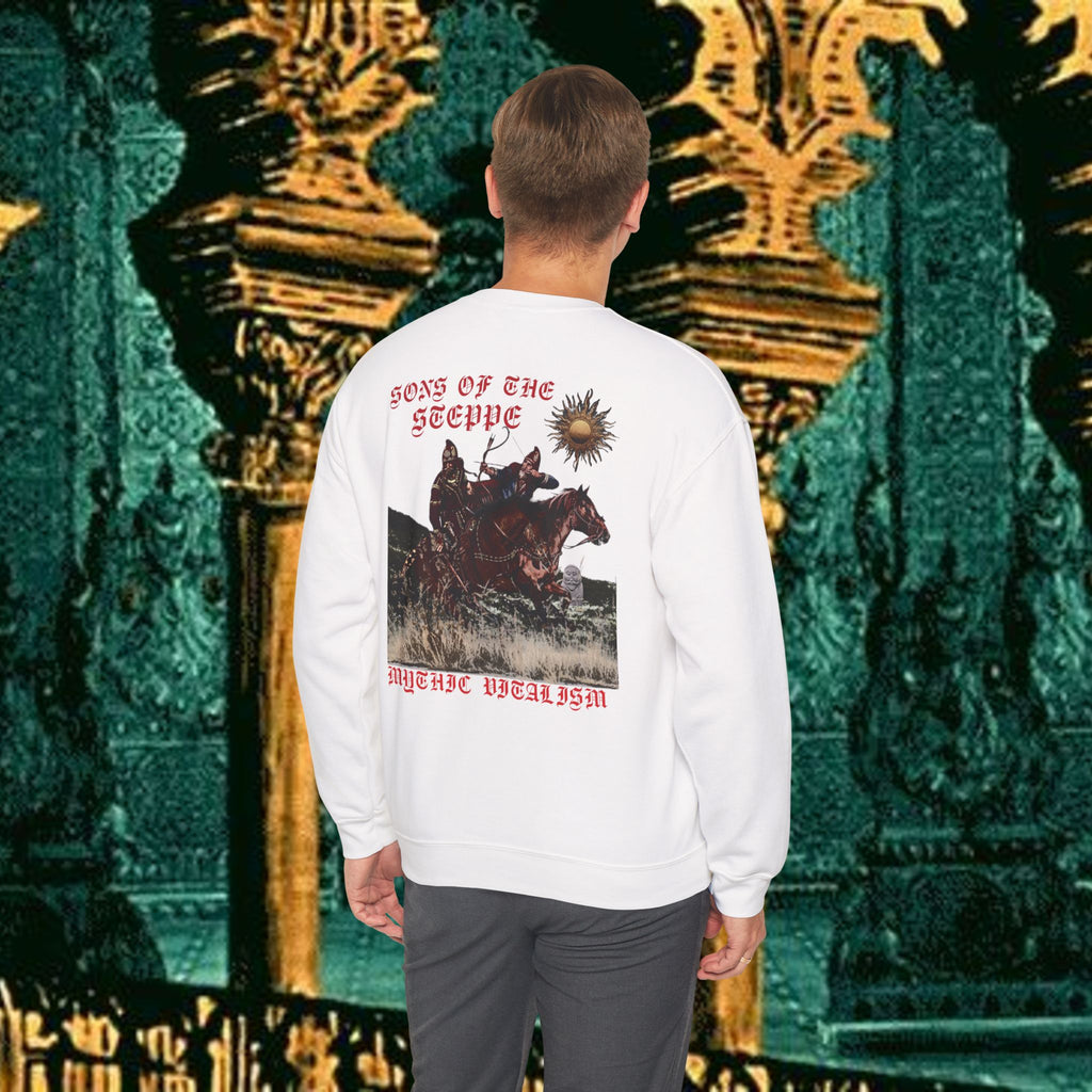 Sons of the Steppe Crewneck Sweatshirt — Mythic Warrior Horseback Graphic Back Version