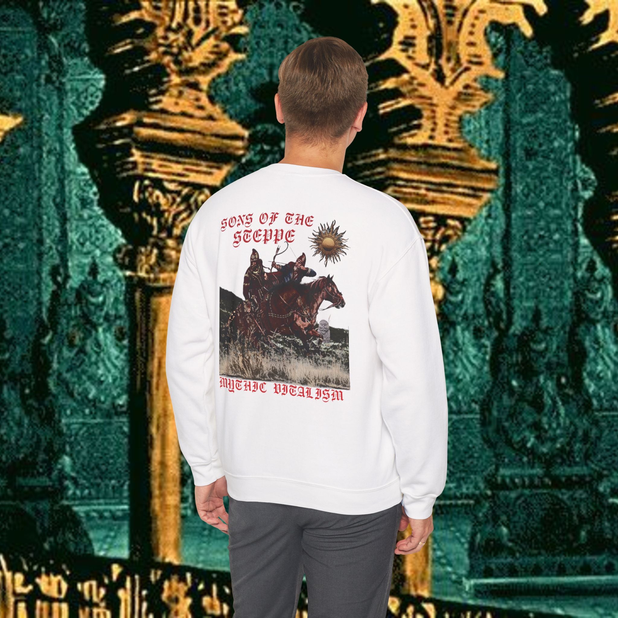 Sons of the Steppe Crewneck Sweatshirt — Mythic Warrior Horseback Graphic Back Version