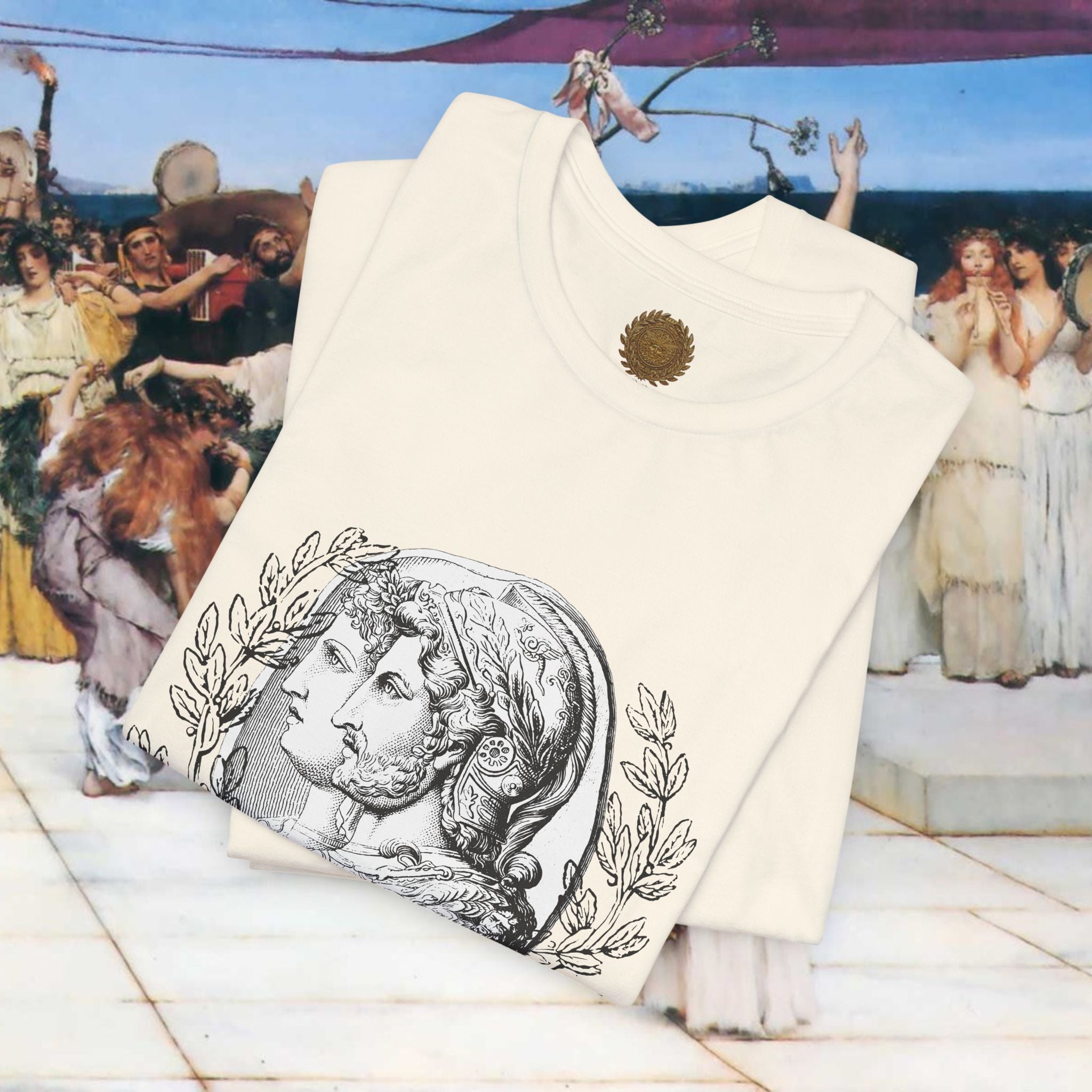 Roman Warrior Cameo Graphic T-Shirt – Plumed Helmet Portrait in Engraved Medallion Style | Ancient History Gift