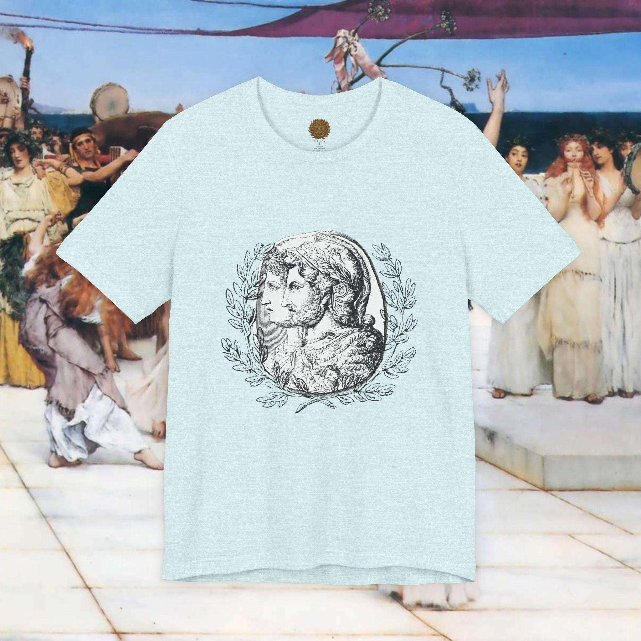 Roman Warrior Cameo Graphic T-Shirt – Plumed Helmet Portrait in Engraved Medallion Style | Ancient History Gift