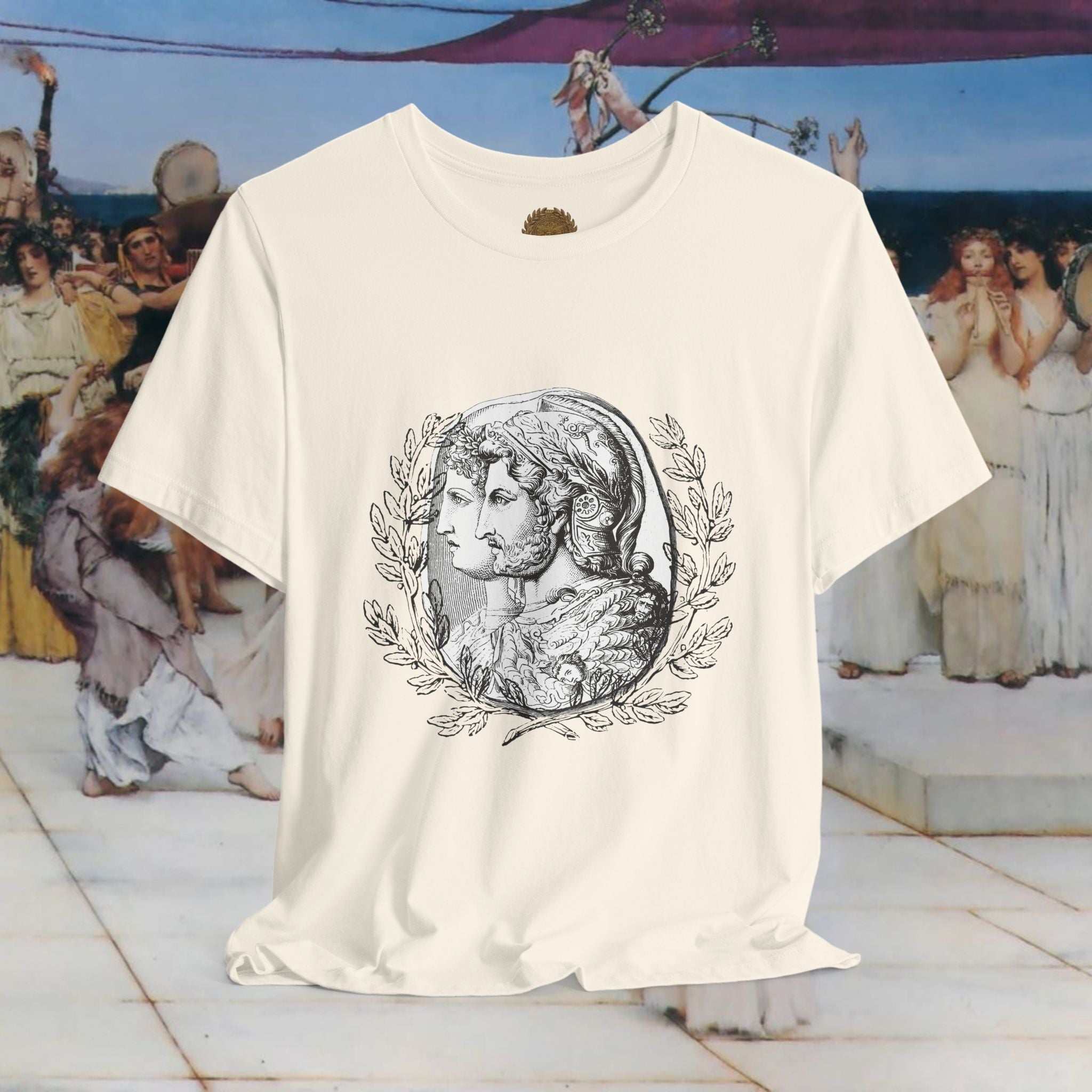 Roman Warrior Cameo Graphic T-Shirt – Plumed Helmet Portrait in Engraved Medallion Style | Ancient History Gift