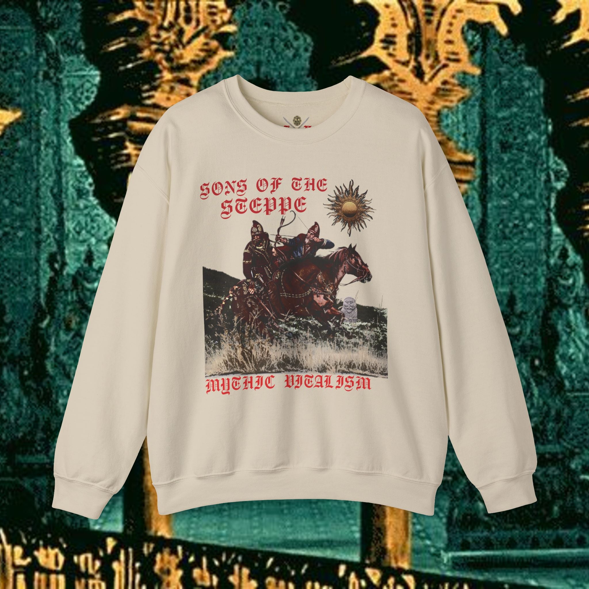 Sons of the Steppe Graphic Sweatshirt — Mythic Warrior Horsemen Crewneck
