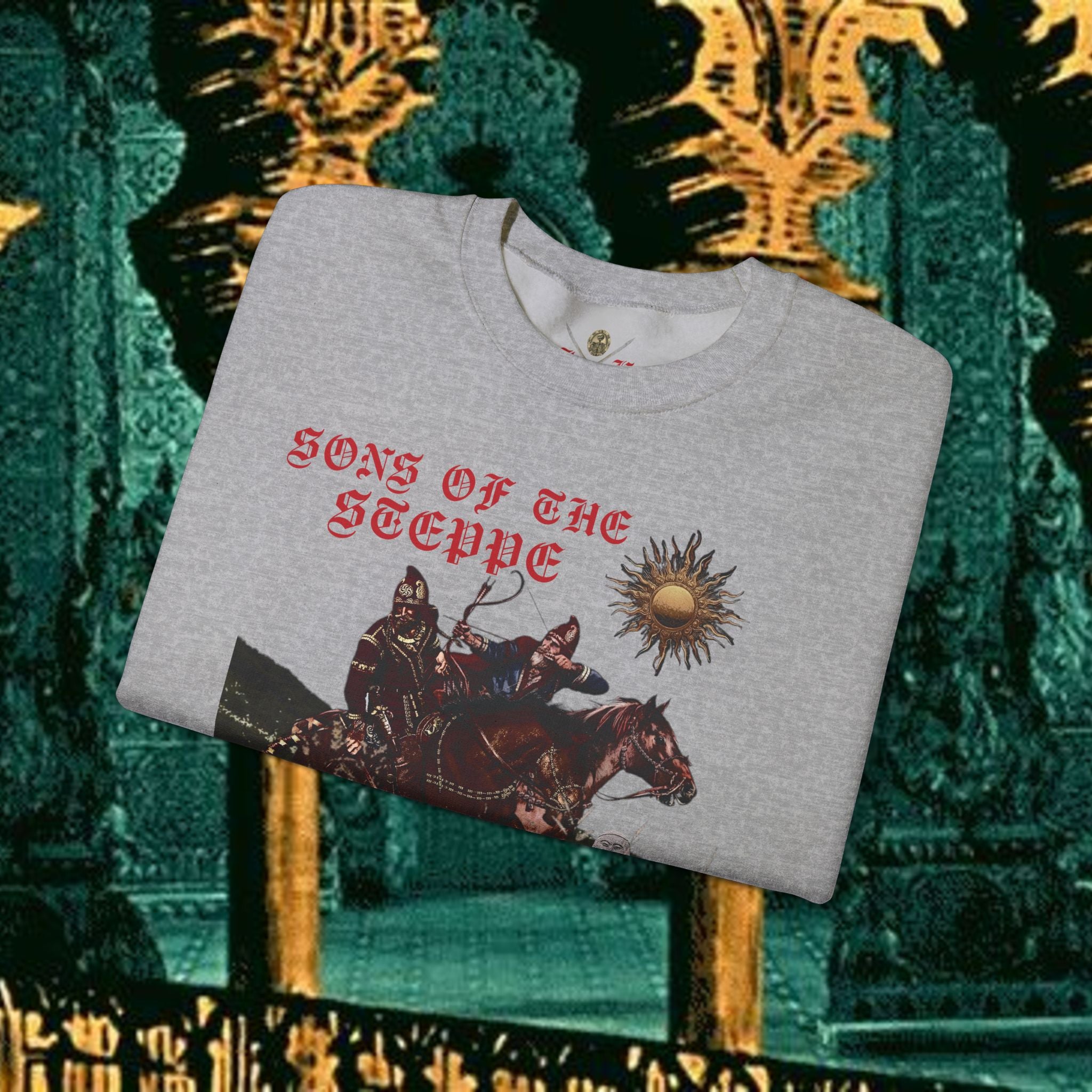 Sons of the Steppe Graphic Sweatshirt — Mythic Warrior Horsemen Crewneck