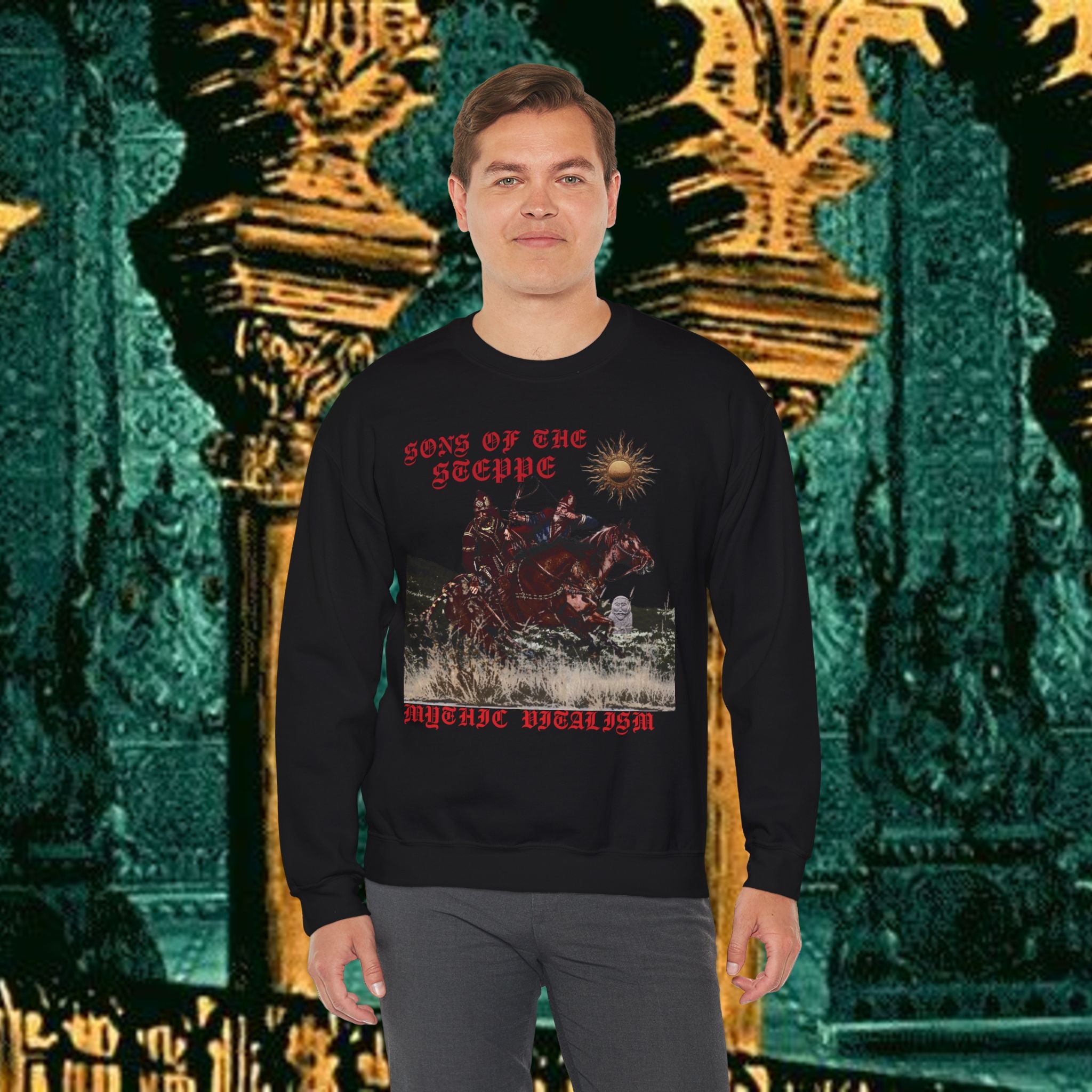 Sons of the Steppe Graphic Sweatshirt — Mythic Warrior Horsemen Crewneck