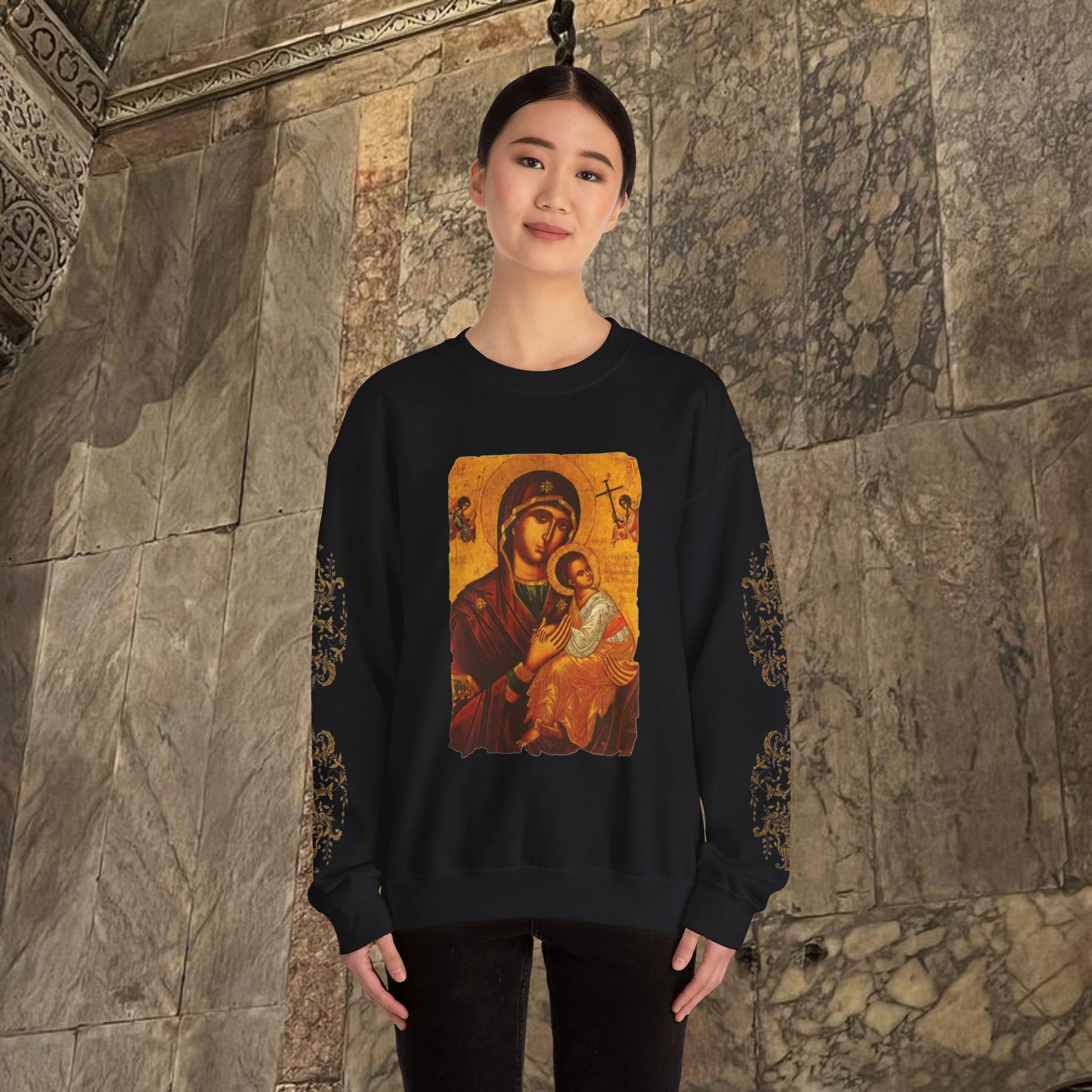 Byzantine Icon Art Sweatshirt -  Mother and Child Design