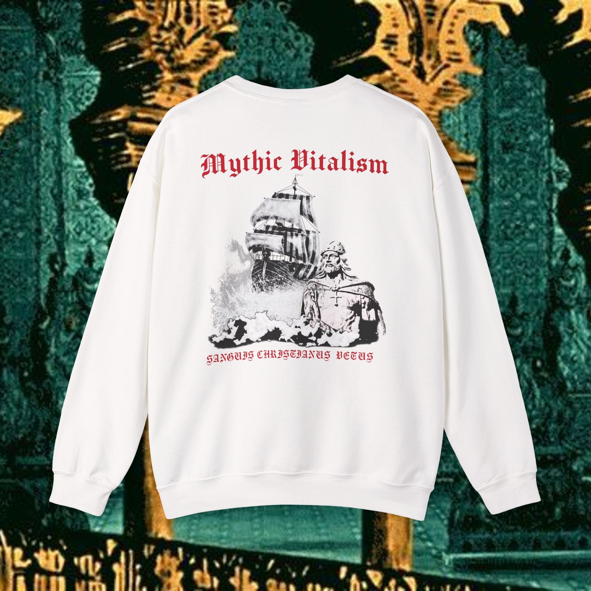 Mythic Vitalism, Sanguis Christianus Vetus Exploration and Adventure Inspired Crewneck Sweatshirt – Back Version