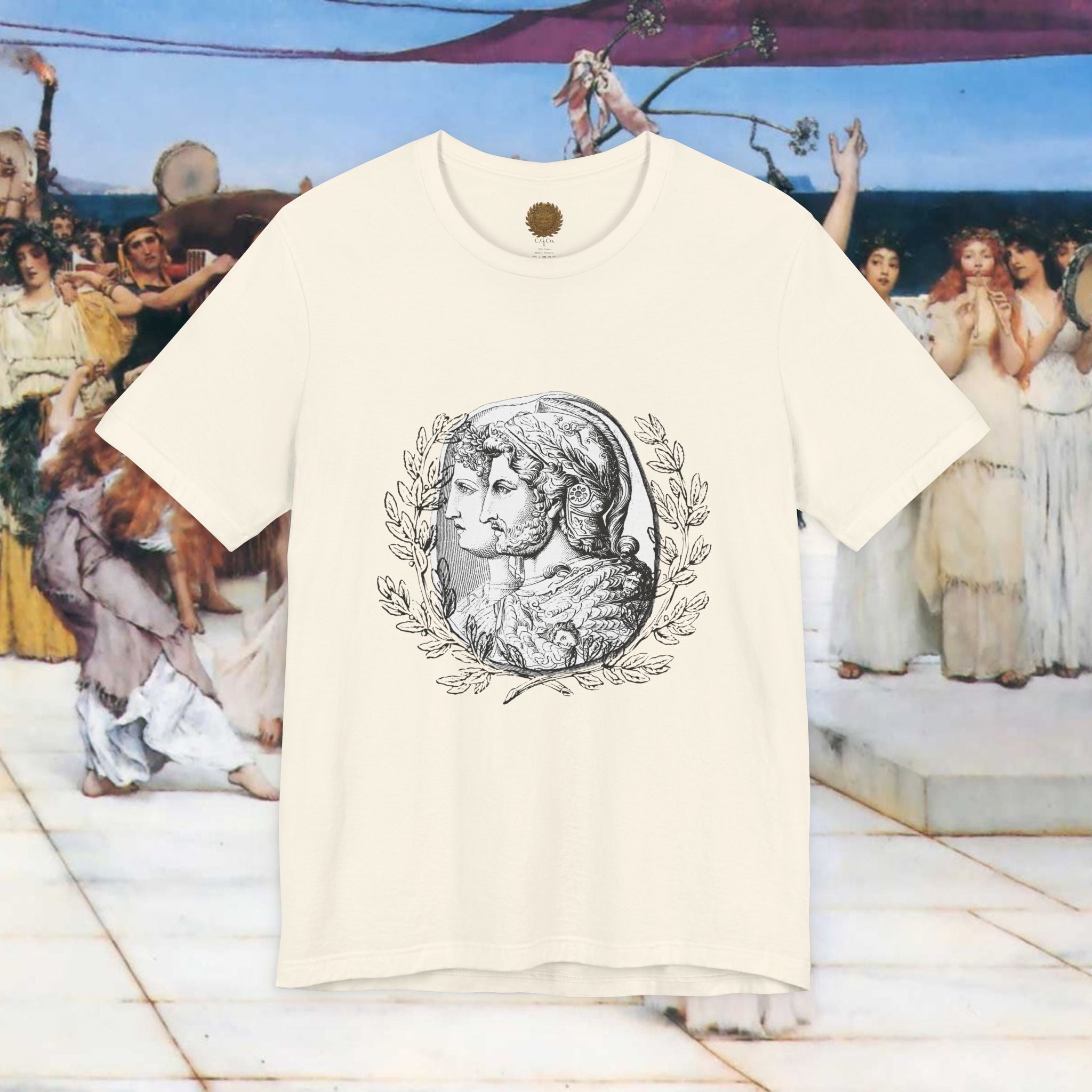 Roman Warrior Cameo Graphic T-Shirt – Plumed Helmet Portrait in Engraved Medallion Style | Ancient History Gift