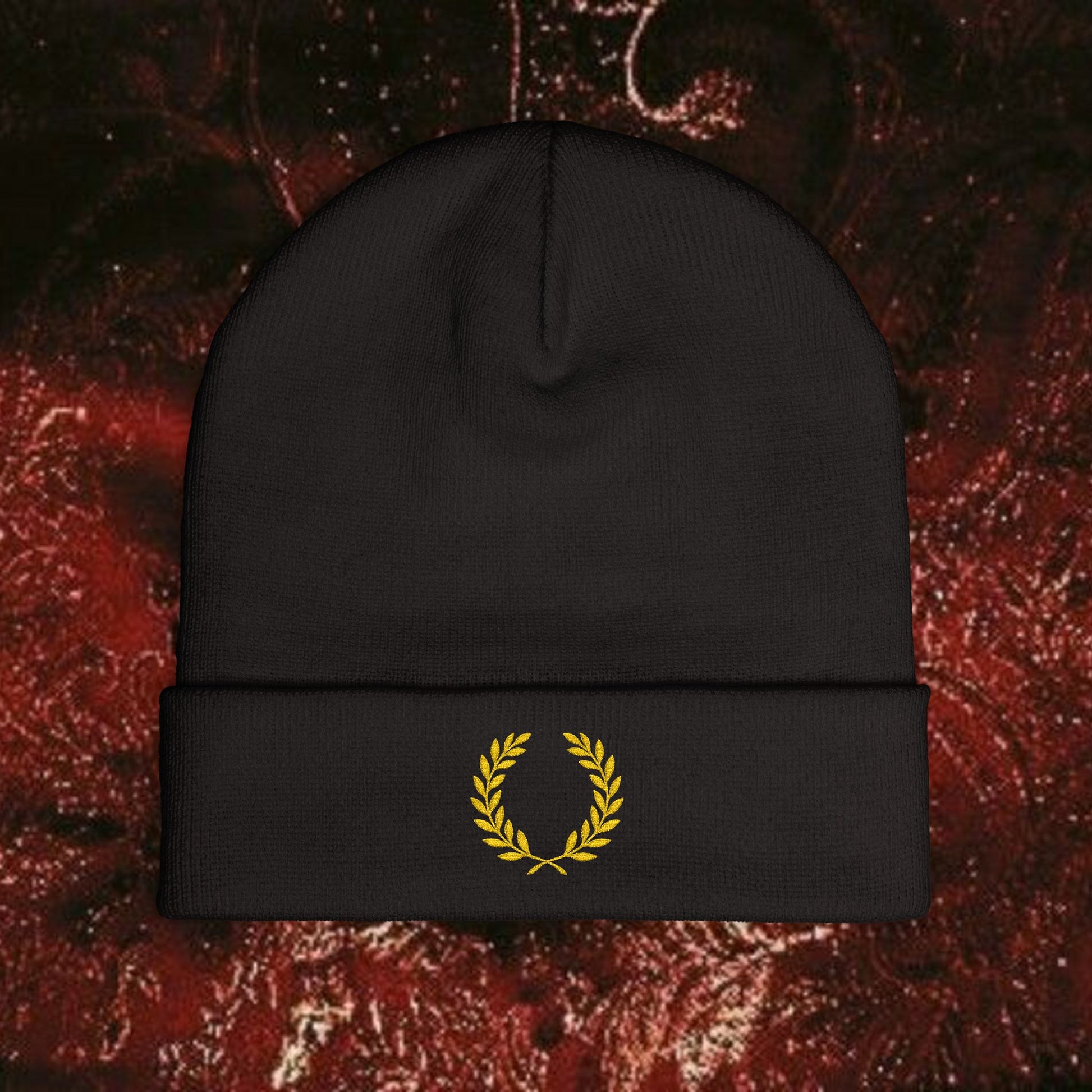 Gold Laurel Knit Beanie with Embroidered Laurel Wreath, Winter Accessory, Cozy Gift for Him/Her, Fall/Winter Fashion, Casual Headwear