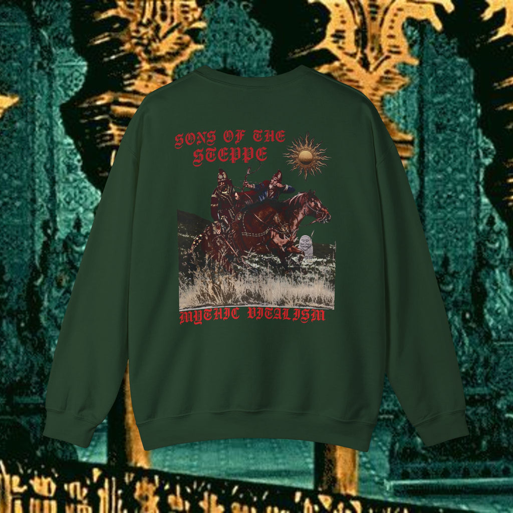 Sons of the Steppe Crewneck Sweatshirt — Mythic Warrior Horseback Graphic Back Version