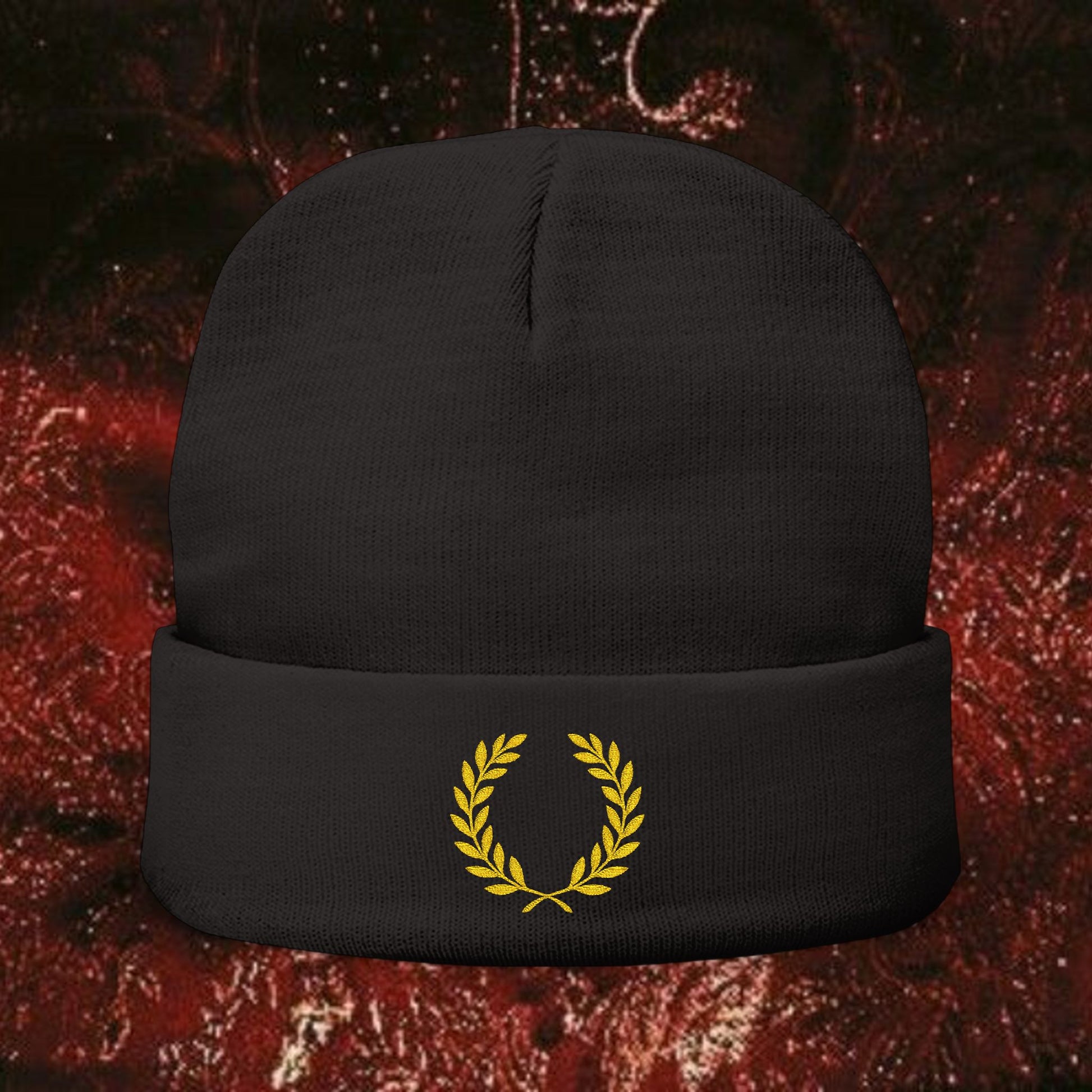 Gold Laurel Knit Beanie with Embroidered Laurel Wreath, Winter Accessory, Cozy Gift for Him/Her, Fall/Winter Fashion, Casual Headwear