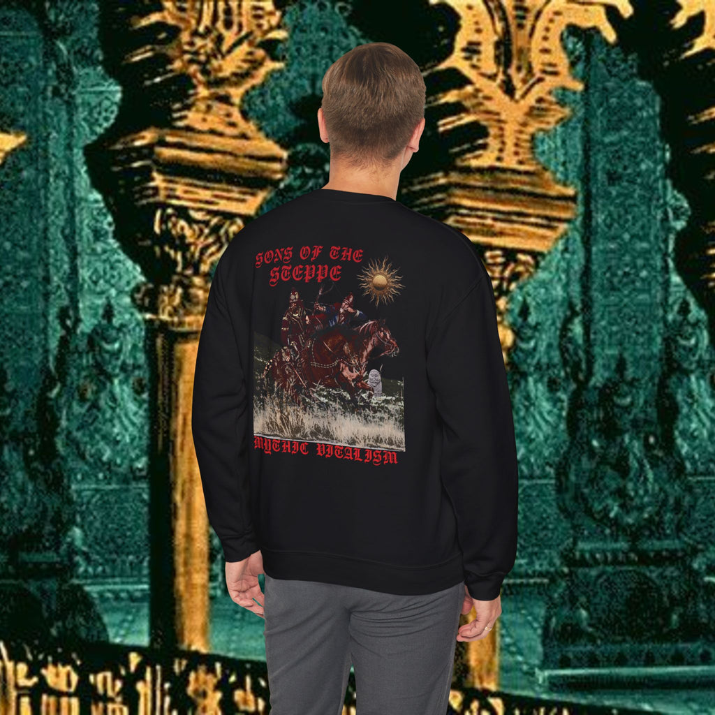 Sons of the Steppe Crewneck Sweatshirt — Mythic Warrior Horseback Graphic Back Version