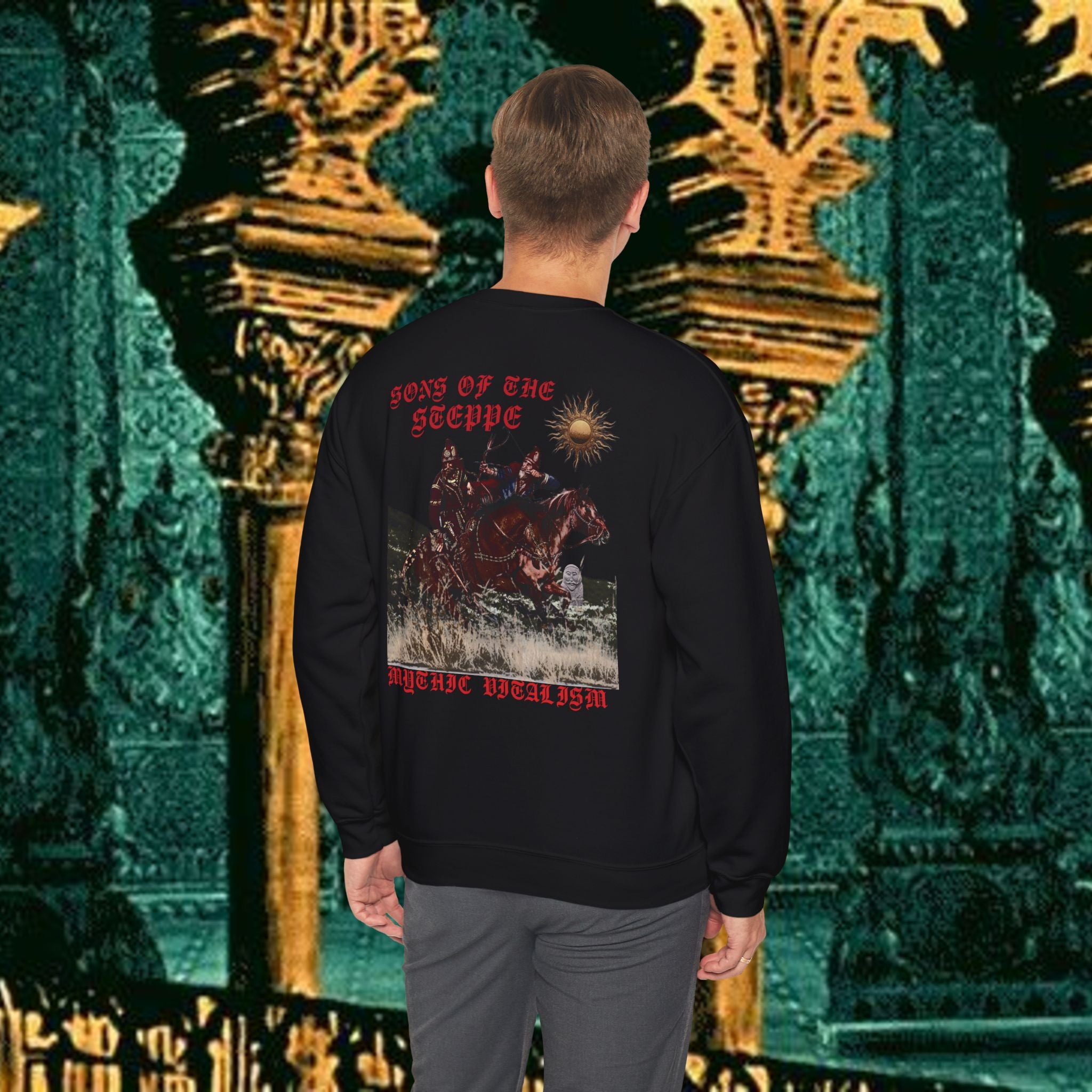 Sons of the Steppe Crewneck Sweatshirt — Mythic Warrior Horseback Graphic Back Version
