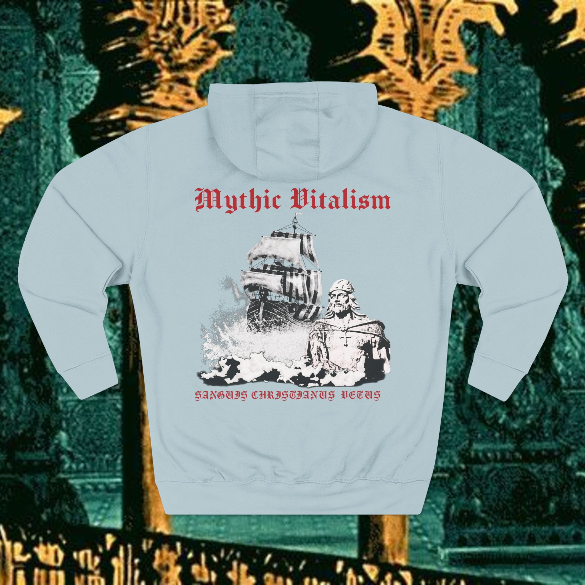 Mythic Vitalism, Sanguis Christianus Vetus Exploration and Adventure Inspired Graphic Fleece Hoodie back version