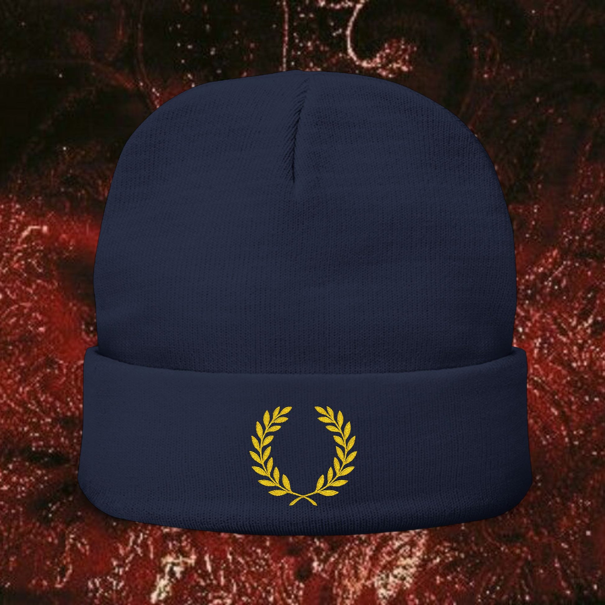 Gold Laurel Knit Beanie with Embroidered Laurel Wreath, Winter Accessory, Cozy Gift for Him/Her, Fall/Winter Fashion, Casual Headwear