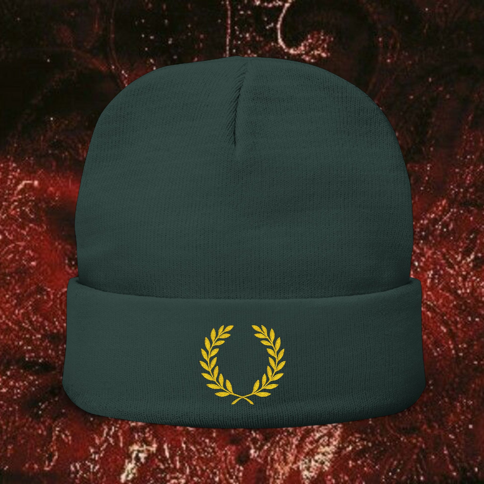 Gold Laurel Knit Beanie with Embroidered Laurel Wreath, Winter Accessory, Cozy Gift for Him/Her, Fall/Winter Fashion, Casual Headwear