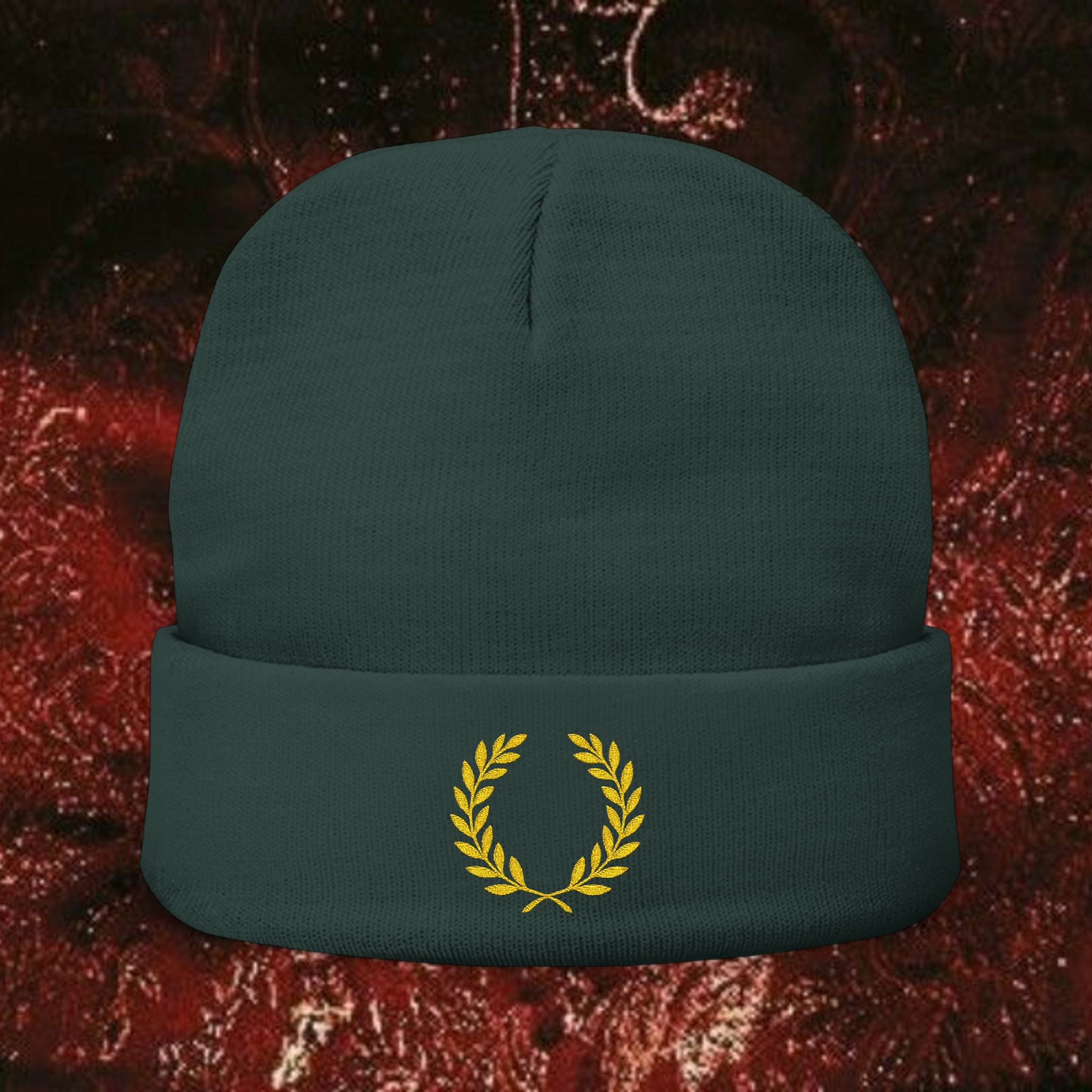 Gold Laurel Knit Beanie - Embroidered Winter Hat