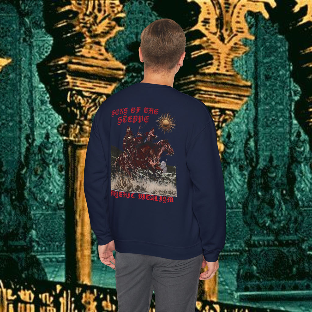 Sons of the Steppe Crewneck Sweatshirt — Mythic Warrior Horseback Graphic Back Version