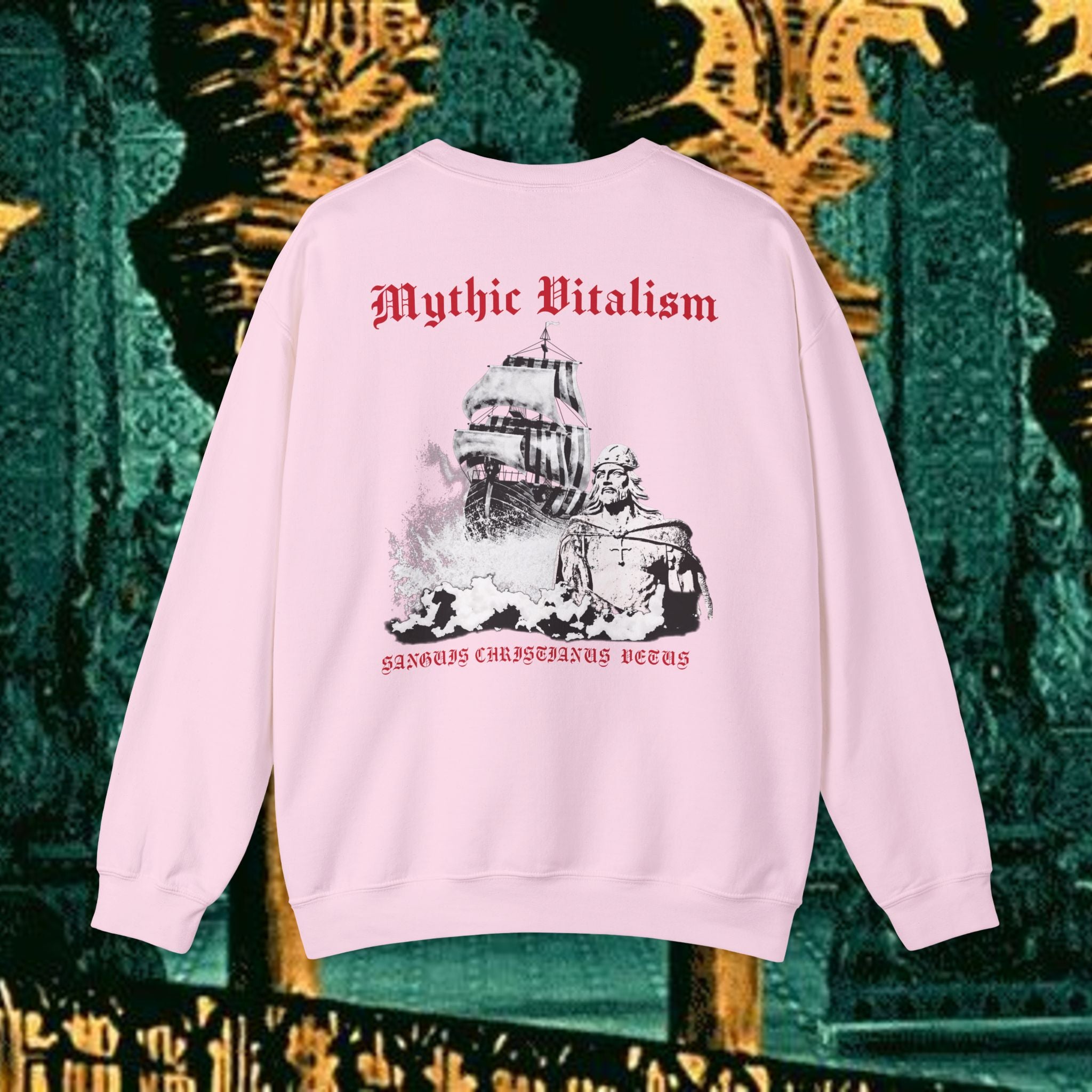 Mythic Vitalism, Sanguis Christianus Vetus Exploration and Adventure Inspired Crewneck Sweatshirt – Back Version