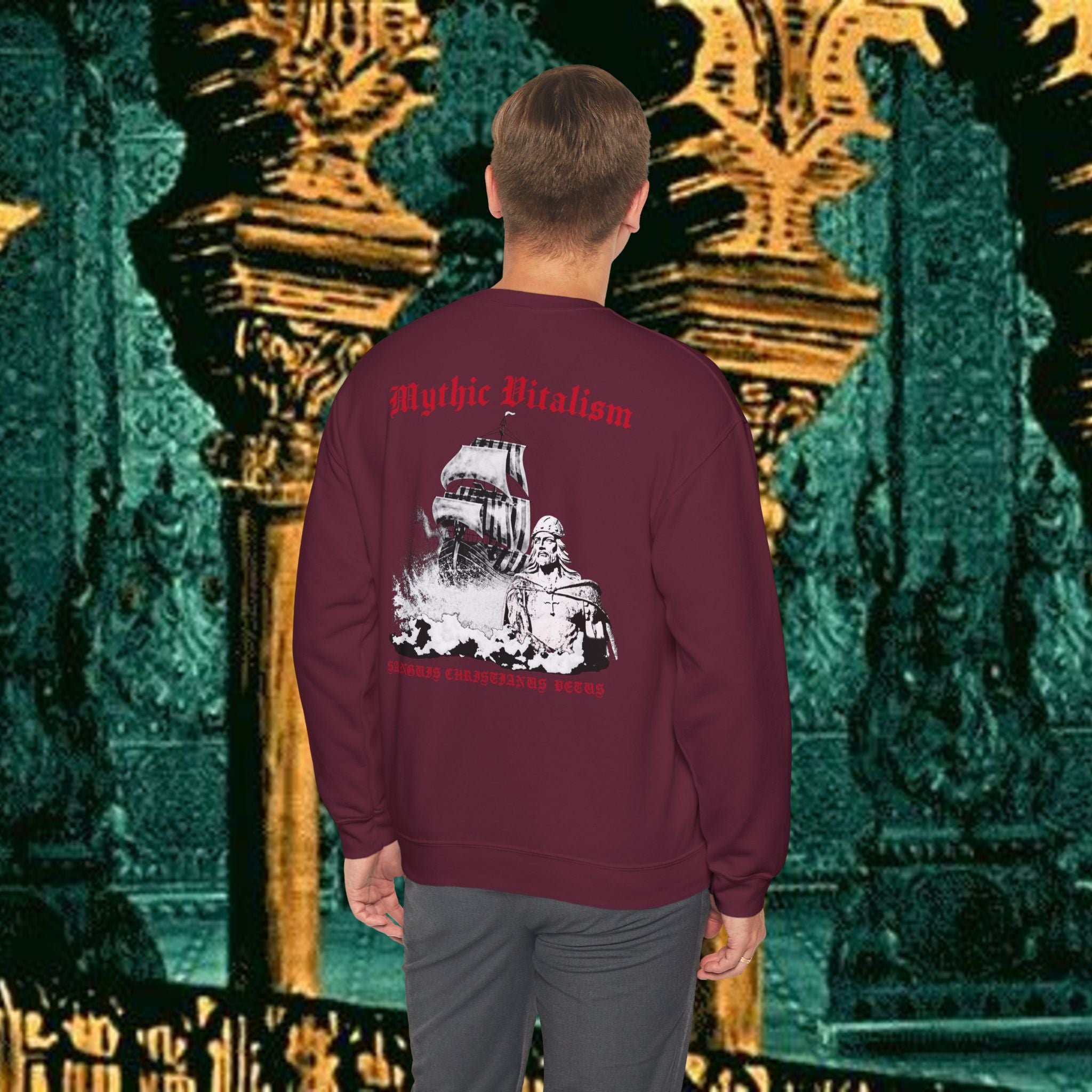 Mythic Vitalism, Sanguis Christianus Vetus Exploration and Adventure Inspired Crewneck Sweatshirt – Back Version