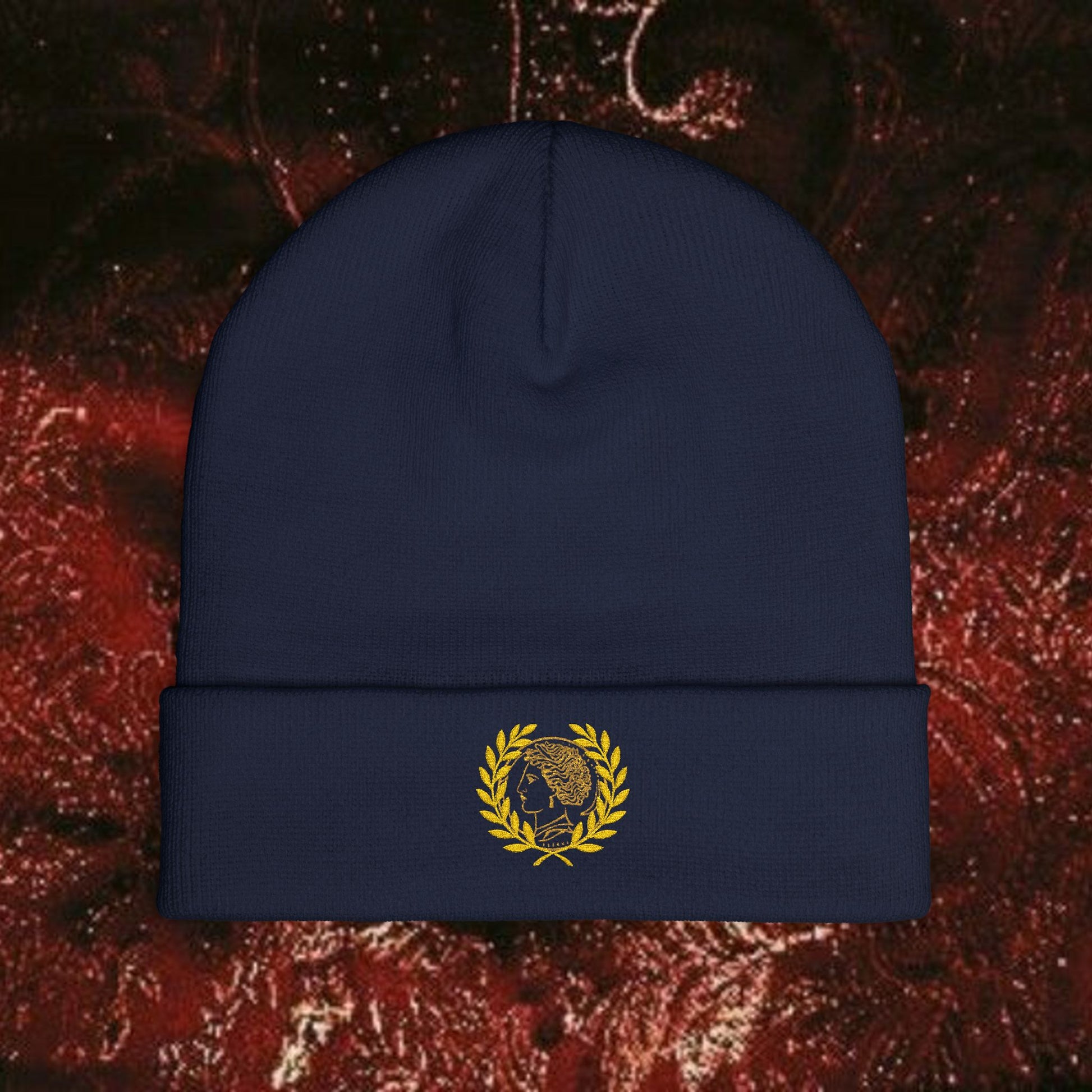 Embroidered Knit Beanie with Golden Laurel Design, Winter Accessories, Gift for Her, Stylish Beanie, Cool Weather Hat, Casual Fashion