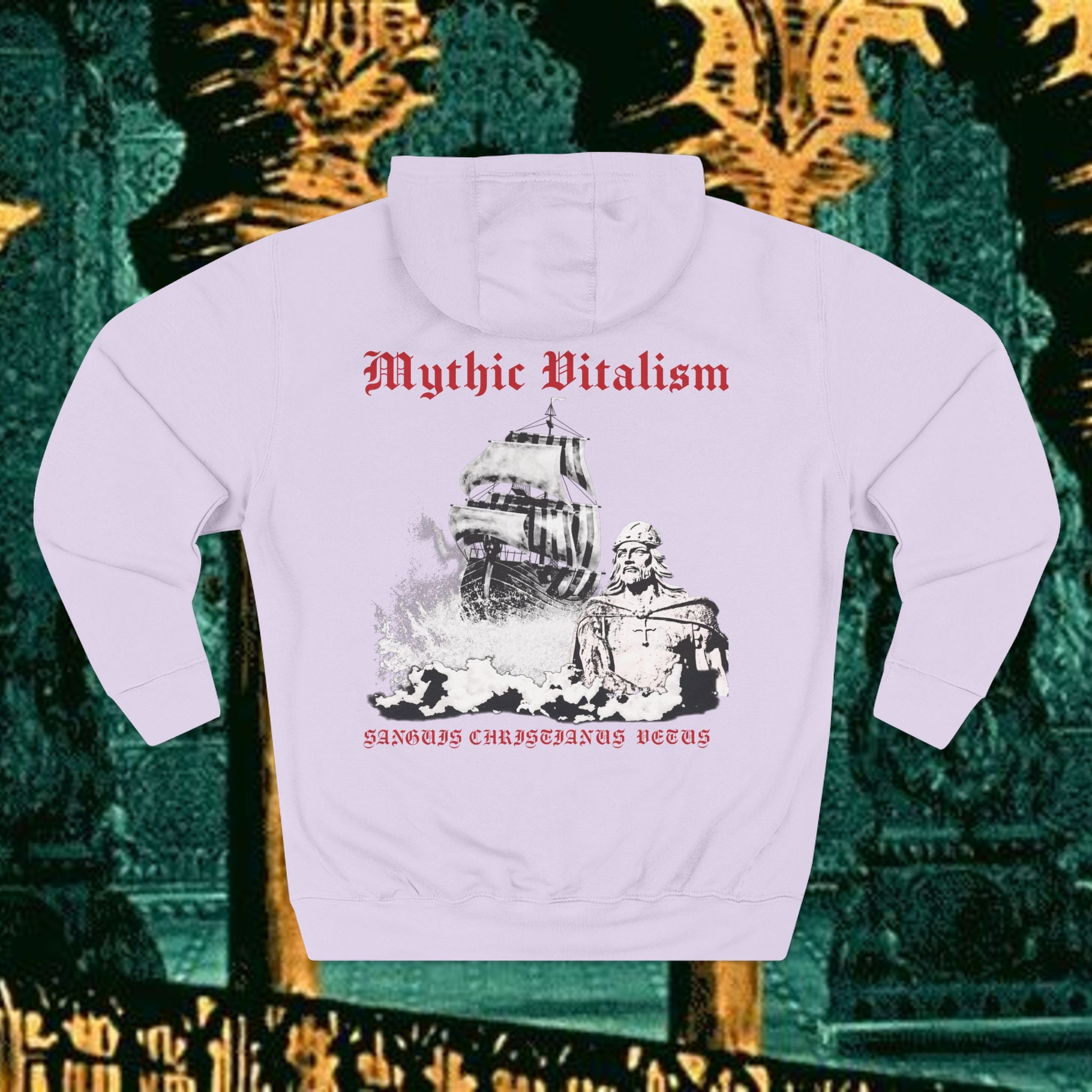 Mythic Vitalism, Sanguis Christianus Vetus Exploration and Adventure Inspired Graphic Fleece Hoodie back version