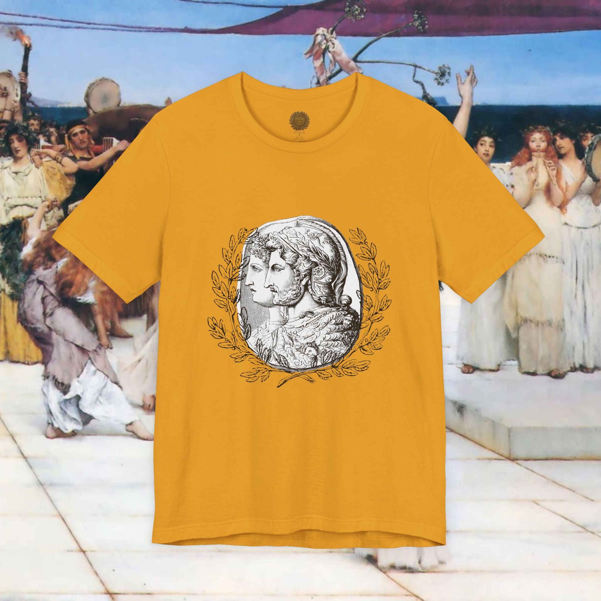 Roman Warrior Cameo Graphic T-Shirt – Plumed Helmet Portrait in Engraved Medallion Style | Ancient History Gift