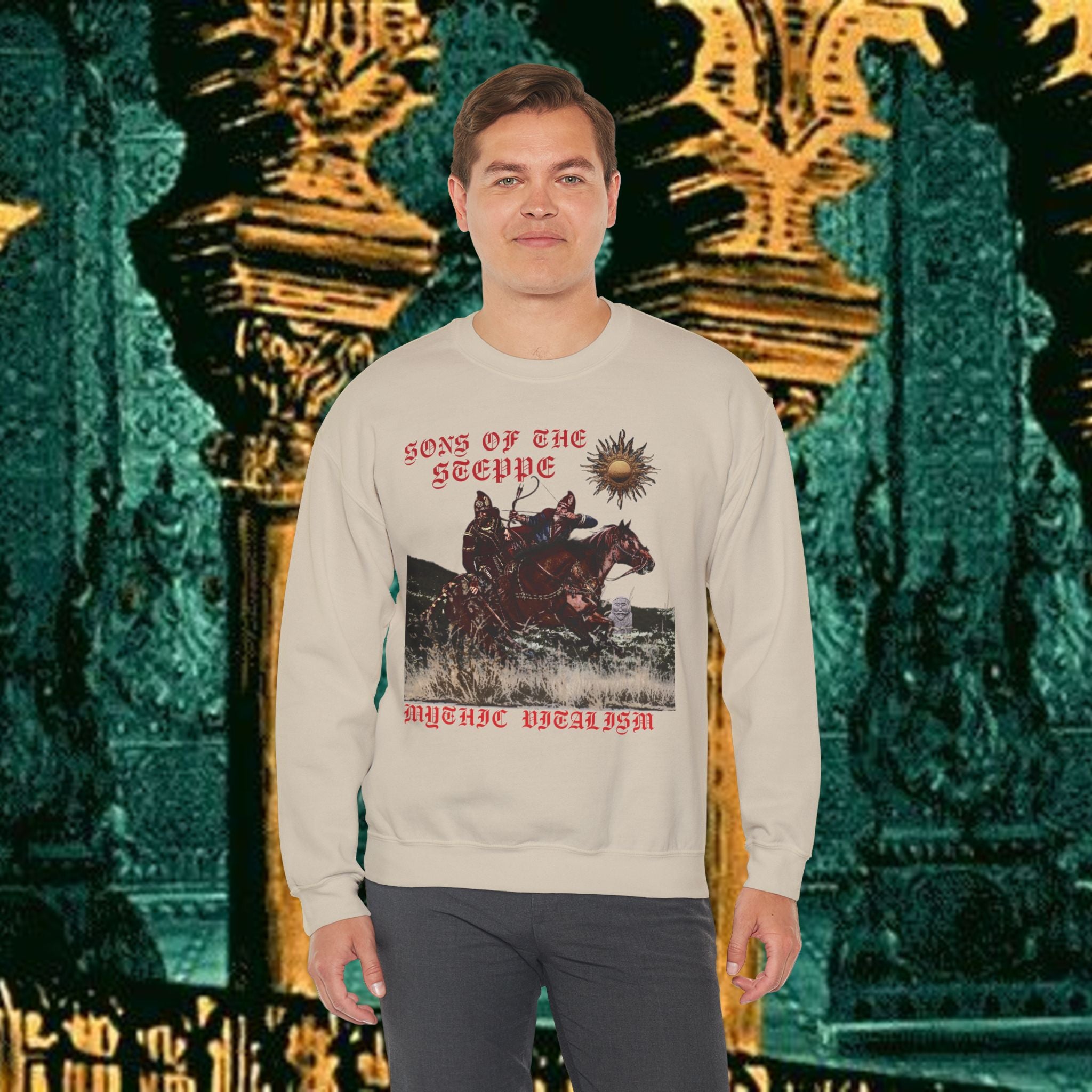 Sons of the Steppe Graphic Sweatshirt — Mythic Warrior Horsemen Crewneck
