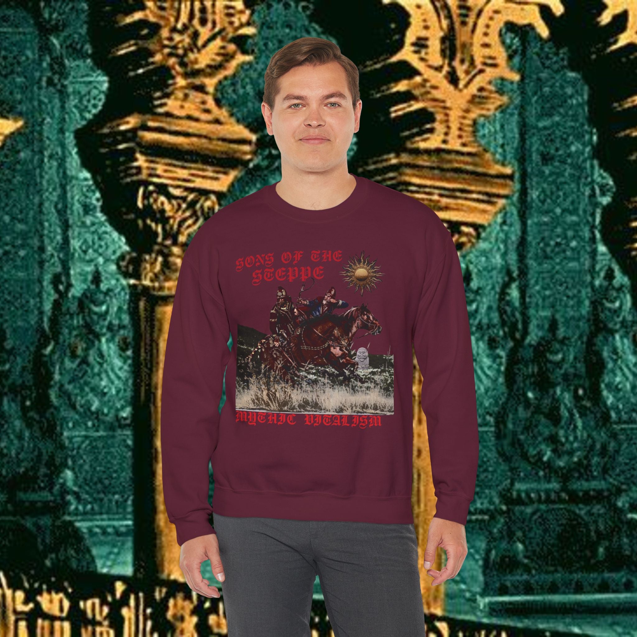 Sons of the Steppe Graphic Sweatshirt — Mythic Warrior Horsemen Crewneck