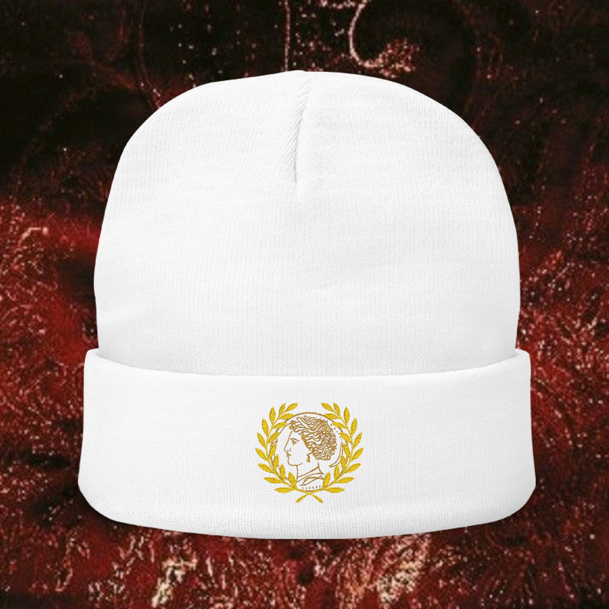 Embroidered Knit Beanie with Golden Laurel Design, Winter Accessories, Gift for Her, Stylish Beanie, Cool Weather Hat, Casual Fashion